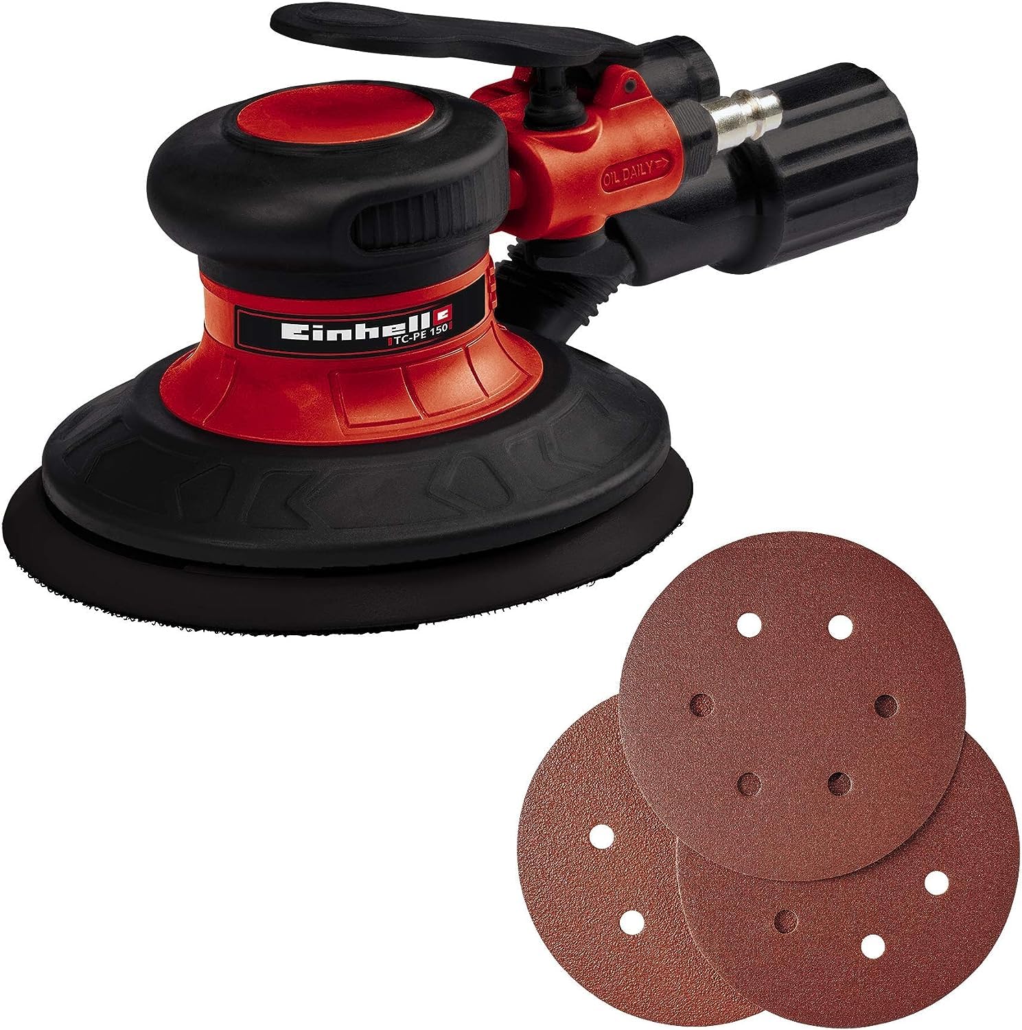 Einhell Druckluft-Exzenterschleifer TC-PE 150 (150 mm Schleiftellerdurchmesser, stufenloser Regulierungshebel, inkl. 6 Schleifpapieren, Stecknippel, Spannschlüssel)