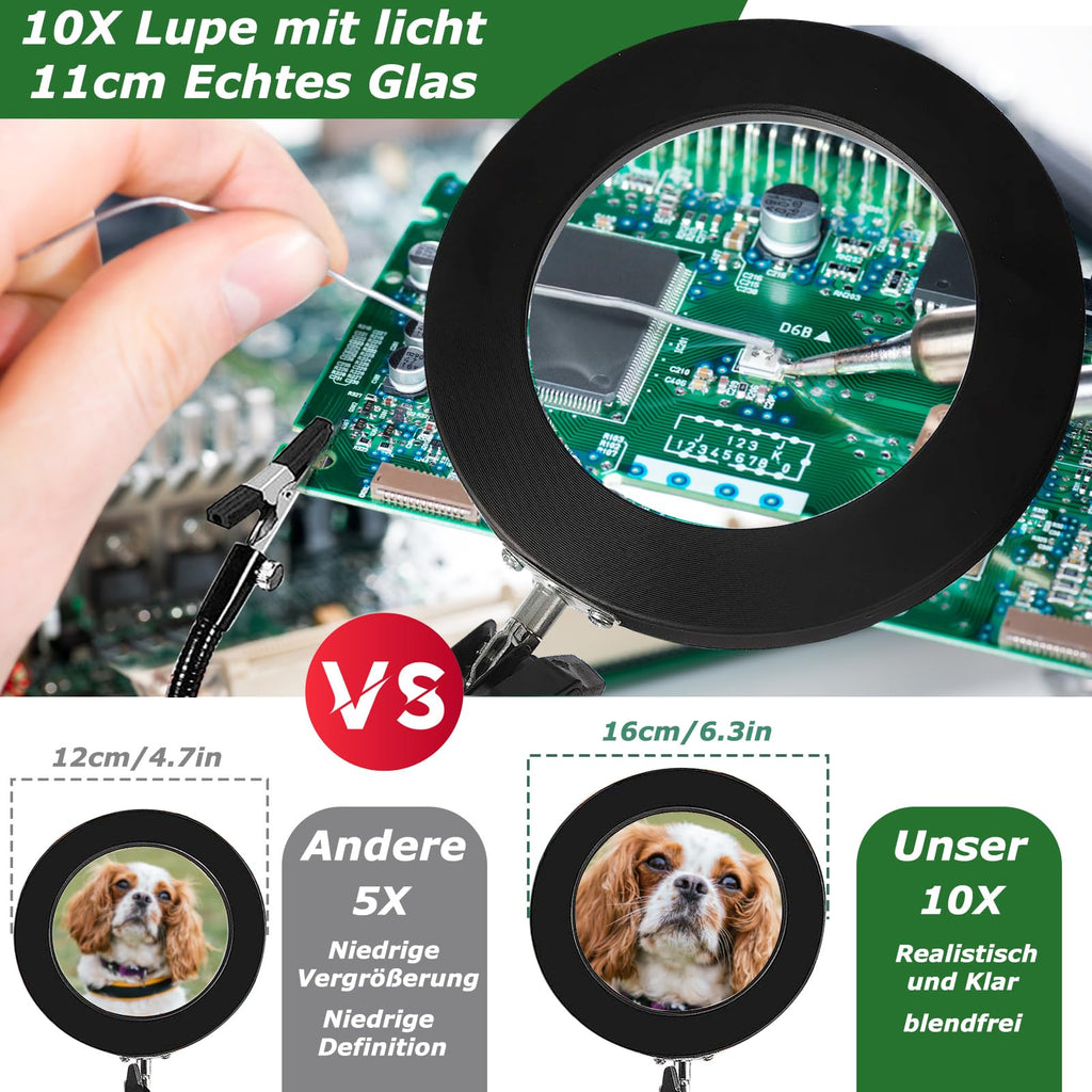 Dritte hand Löten, Magnetische Löthilfe Helfende Hand mit 10X Lupe Licht, Lötstation mit 4 PCB-Säulen 4 flexibel Arme und 1 Mechanischer Tragarm, Löthilfe für Schweißer, Schmuckhersteller, Handwerk