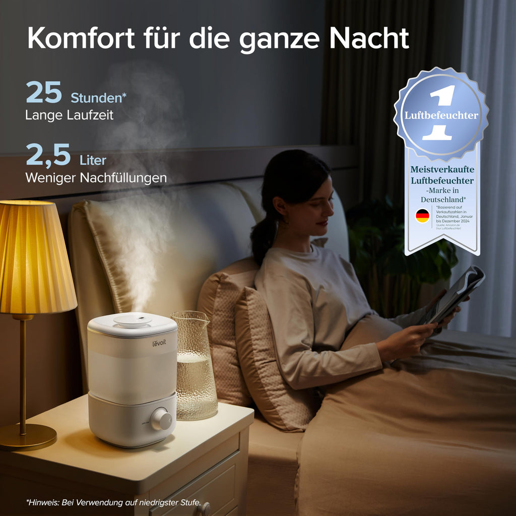 Levoit Top-Fill Luftbefeuchter, 23dB leise Humidifier für Schlafzimmer, Baby, bis 25H, Raumbefeuchter mit 360°Drehdüse für Kinderzimmer, Pflanzen, Auto Shut-off, 2,5 L, Weiß