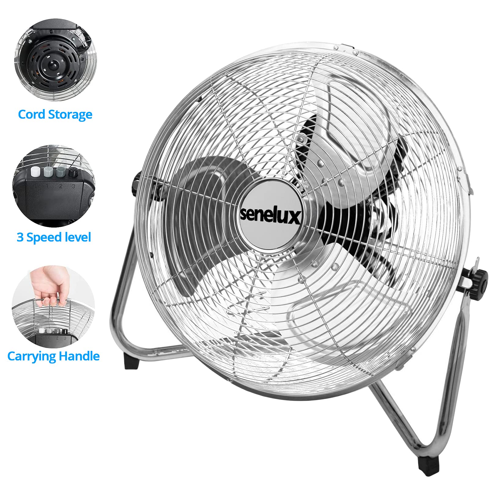 Senelux Bodenventilator - Chrome Gym Fan 30,5 cm Elektrischer tragbarer Lüfter für Zuhause/Fitnessstudio/Büro - 3 Geschwindigkeitsstufen mit Neigungsfunktion
