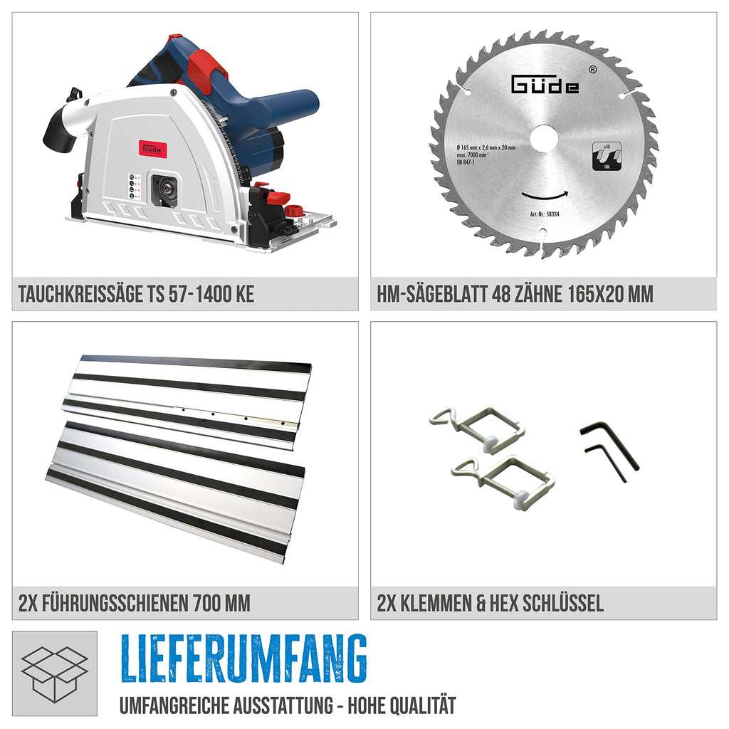 Güde 58232 Tauchkreissäge TS 57-1400 KE Set (1400 W, Sägeblatt-Ø 165 mm, Paralleler Tauchmechanismus, Winkelverstellung von 0° bis 47°)