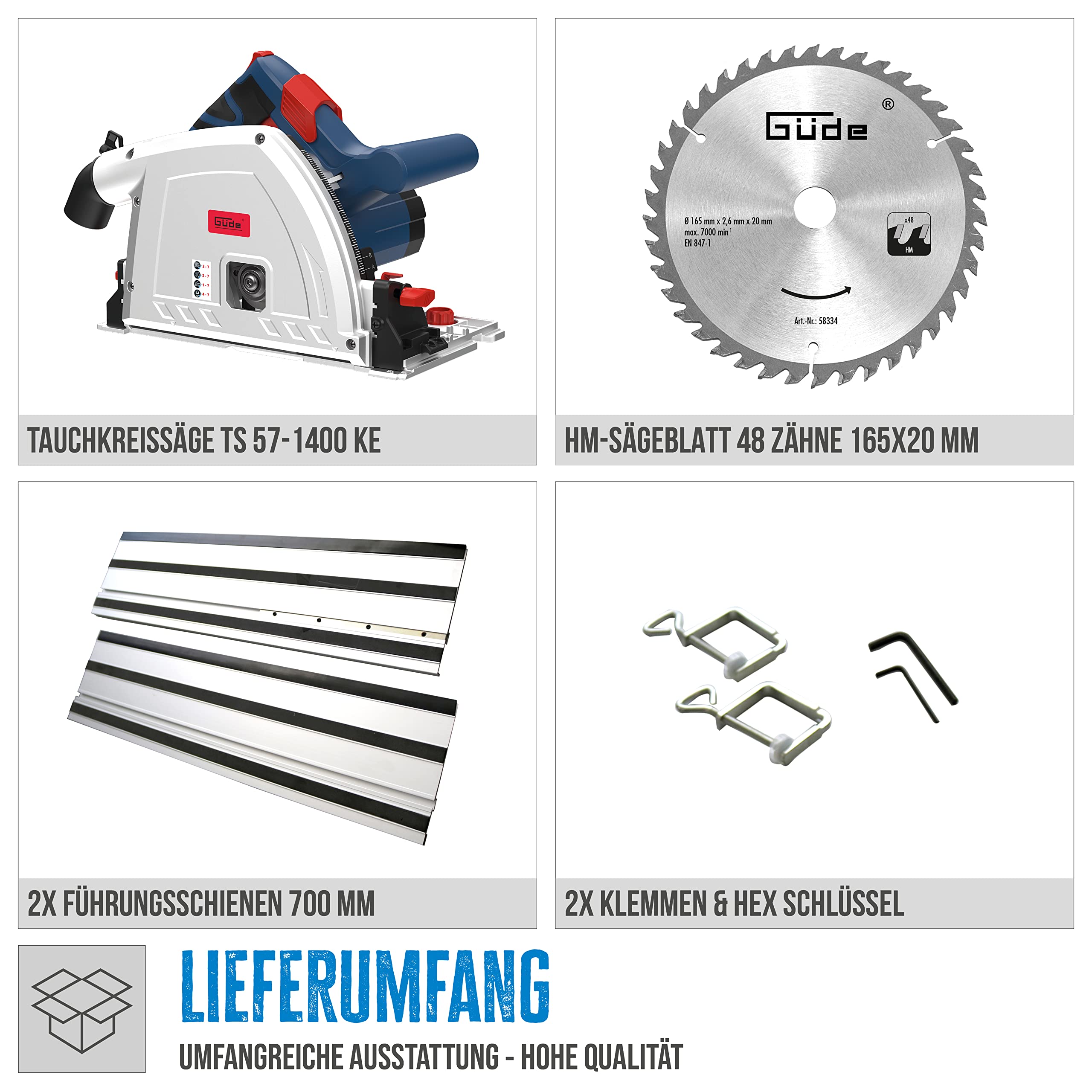 Güde 58232 Tauchkreissäge TS 57-1400 KE Set (1400 W, Sägeblatt-Ø 165 mm, Paralleler Tauchmechanismus, Winkelverstellung von 0° bis 47°)