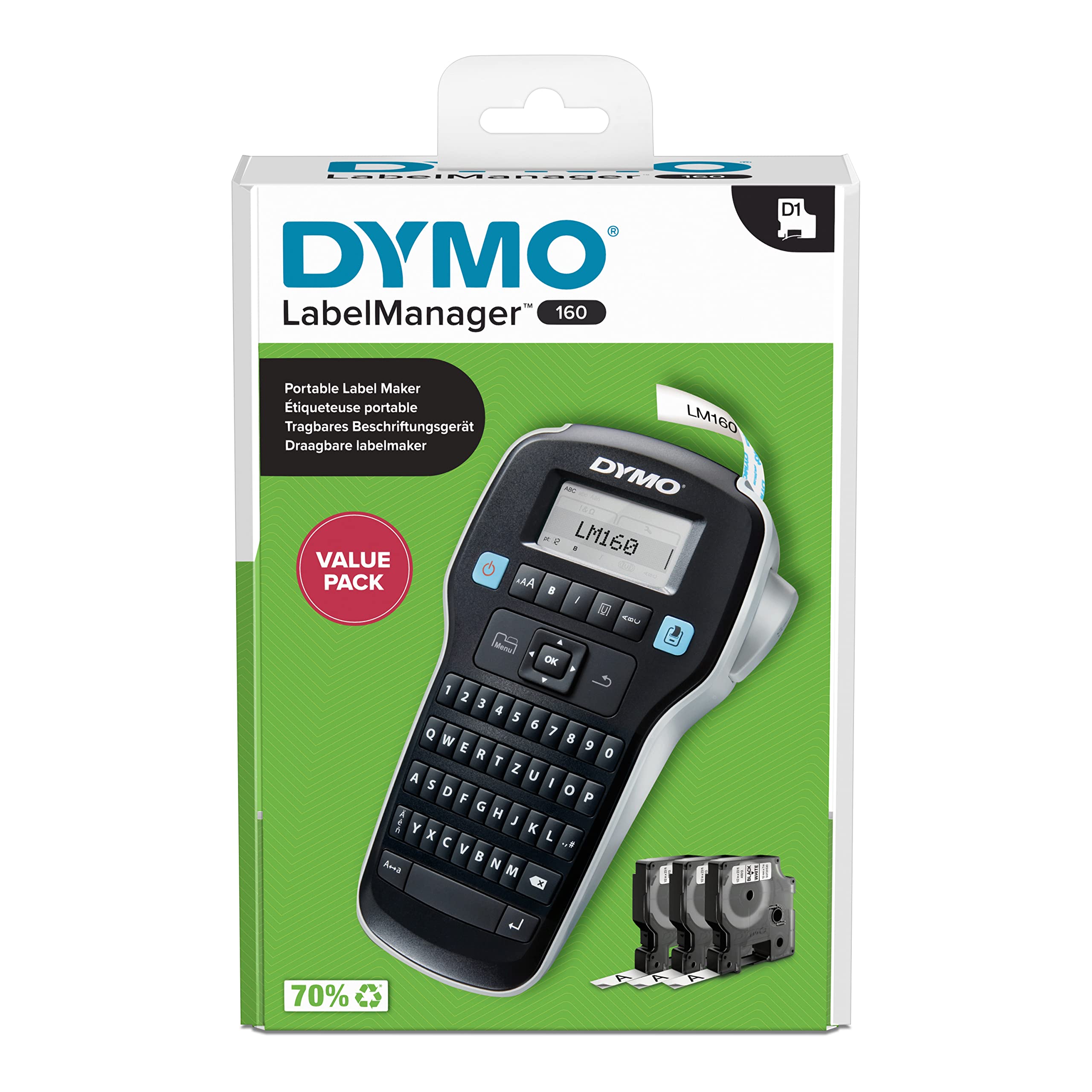 DYMO LabelManager 160 Tragbares Beschriftungsgerät Starter-Set | Etikettiergerät mit QWERTZ Tastatur & Einfache Textbearbeitung | mit 3 Rollen | für D1 Etiketten in 6, 9 und 12mm Breite