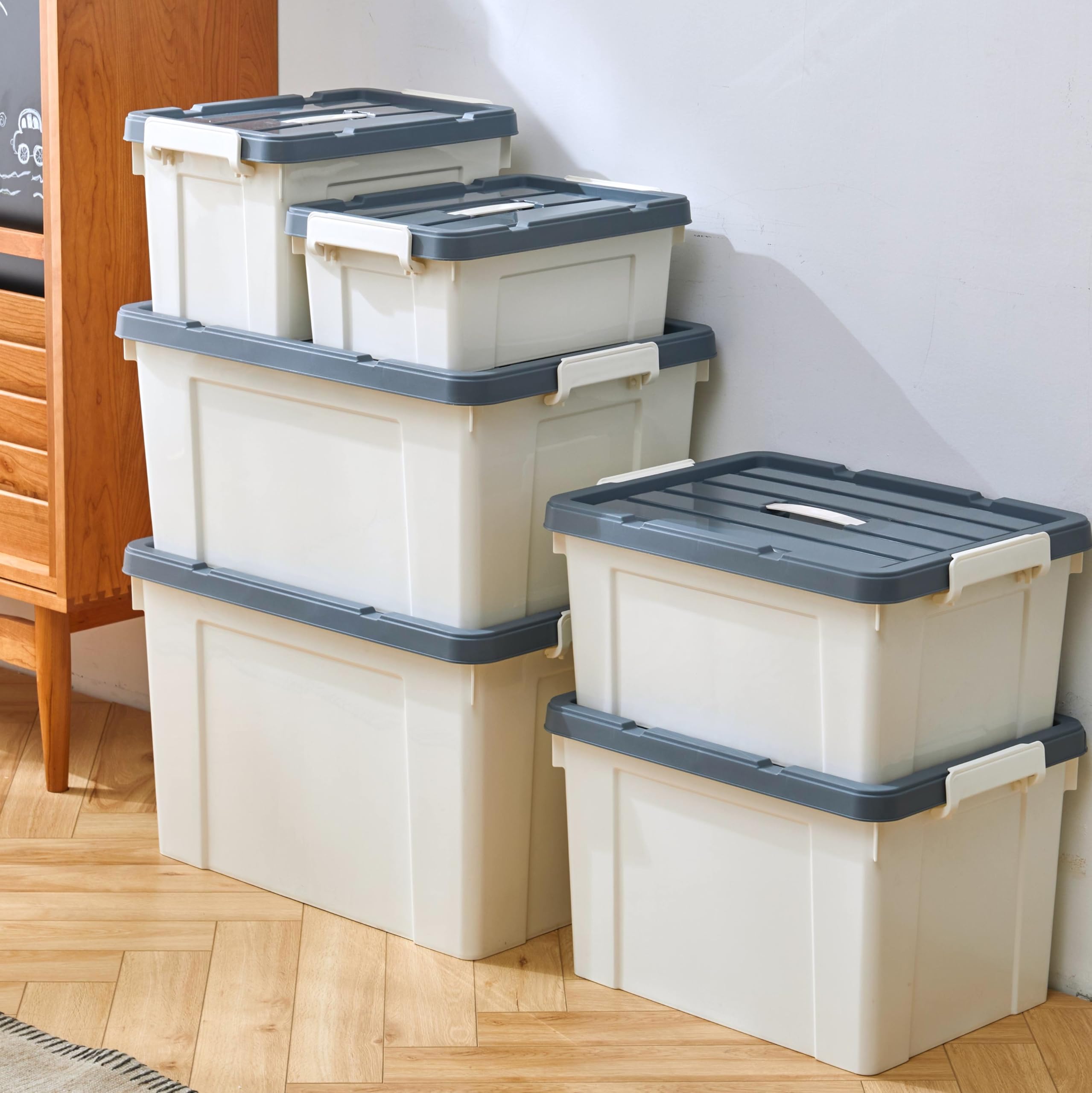 Cetomo 90L*4 Aufbewahrungsboxen, Tragbare Plastikboxen mit Deckeln, Organizer-Behälter mit Griff und Clips, Stapelbar, Ineinander Nestbar, für Zuhause und Büro, Weiß, 90L-4er Pack