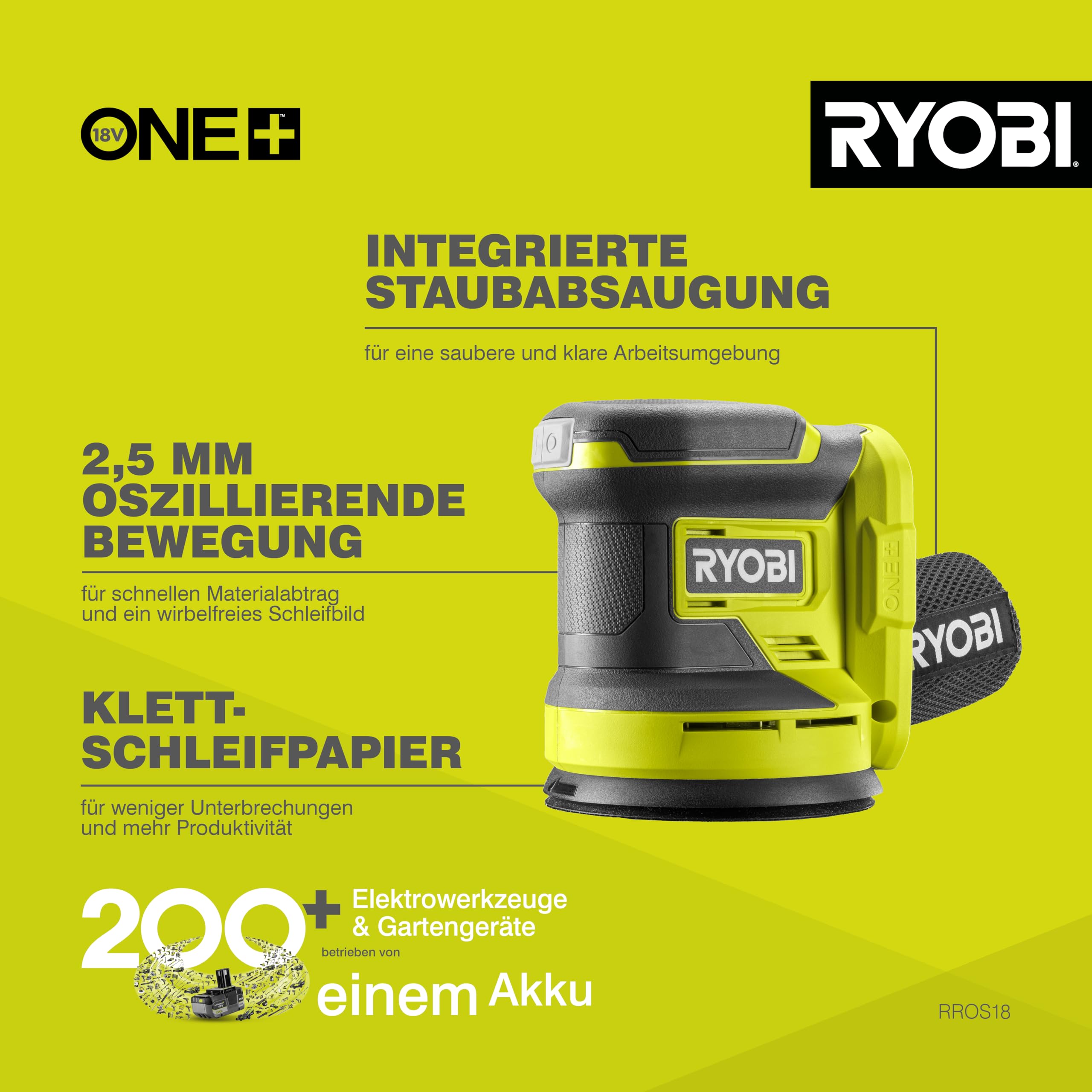 RYOBI 18 V ONE+ Akku-Exzenterschleifer RROS18-0, 125 mm Schleifteller, 2,5 mm Schwingkreis, Effiziente Farbentfernung, Kompatibel mit Werkzeugsystemen