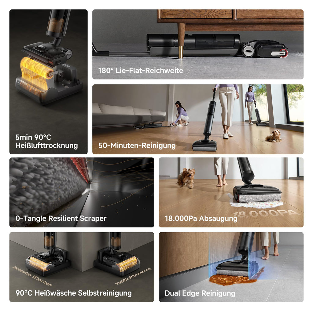 dreame H12 Pro FlexReach Nass- und Trockensauger, Flaches 180°-Design, Trocknung in 5 Minuten, 18.000 Pa Saugkraft, 90 °C Heißwäsche, Doppel-Kantenreinigung, Reinigung in 50 Minuten