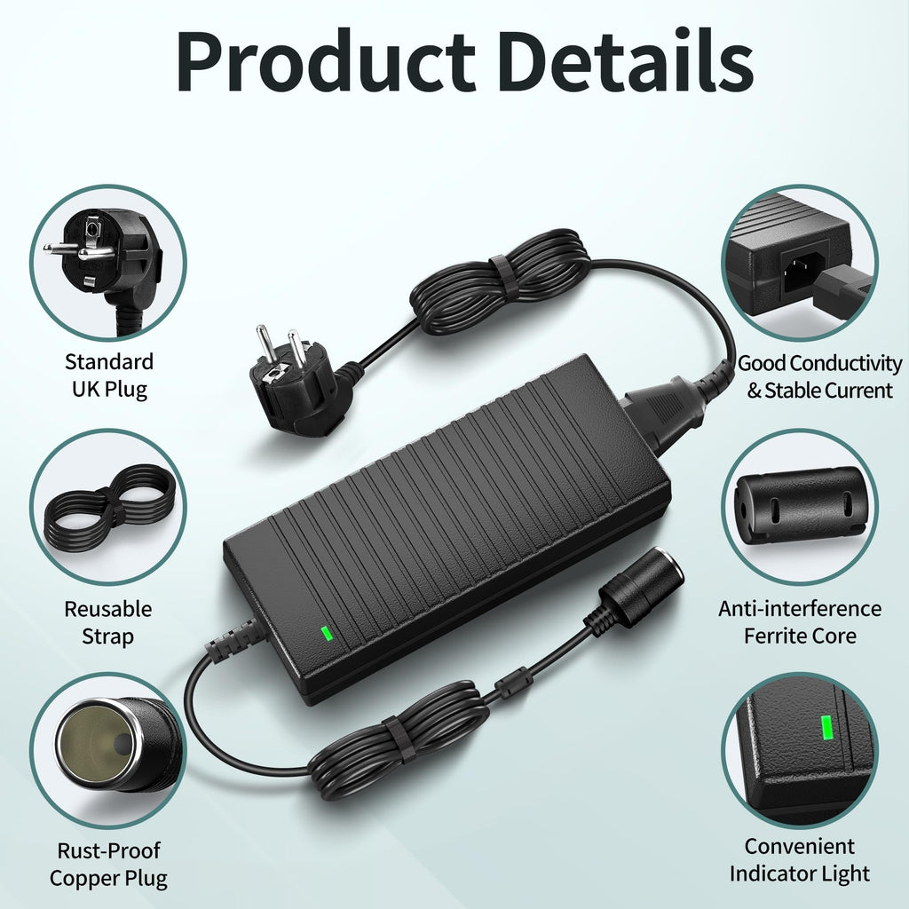 BGFOX 180W/15A KFZ Netzadapter, 2.65M Spannungswandler 230V auf 12V, 220V Wechselrichter Adapter mit Zigarettenanzünder-Buchse für Kühlbox, Autostaubsauger, Autokühlschrank, Kompressor, Reifenfüller