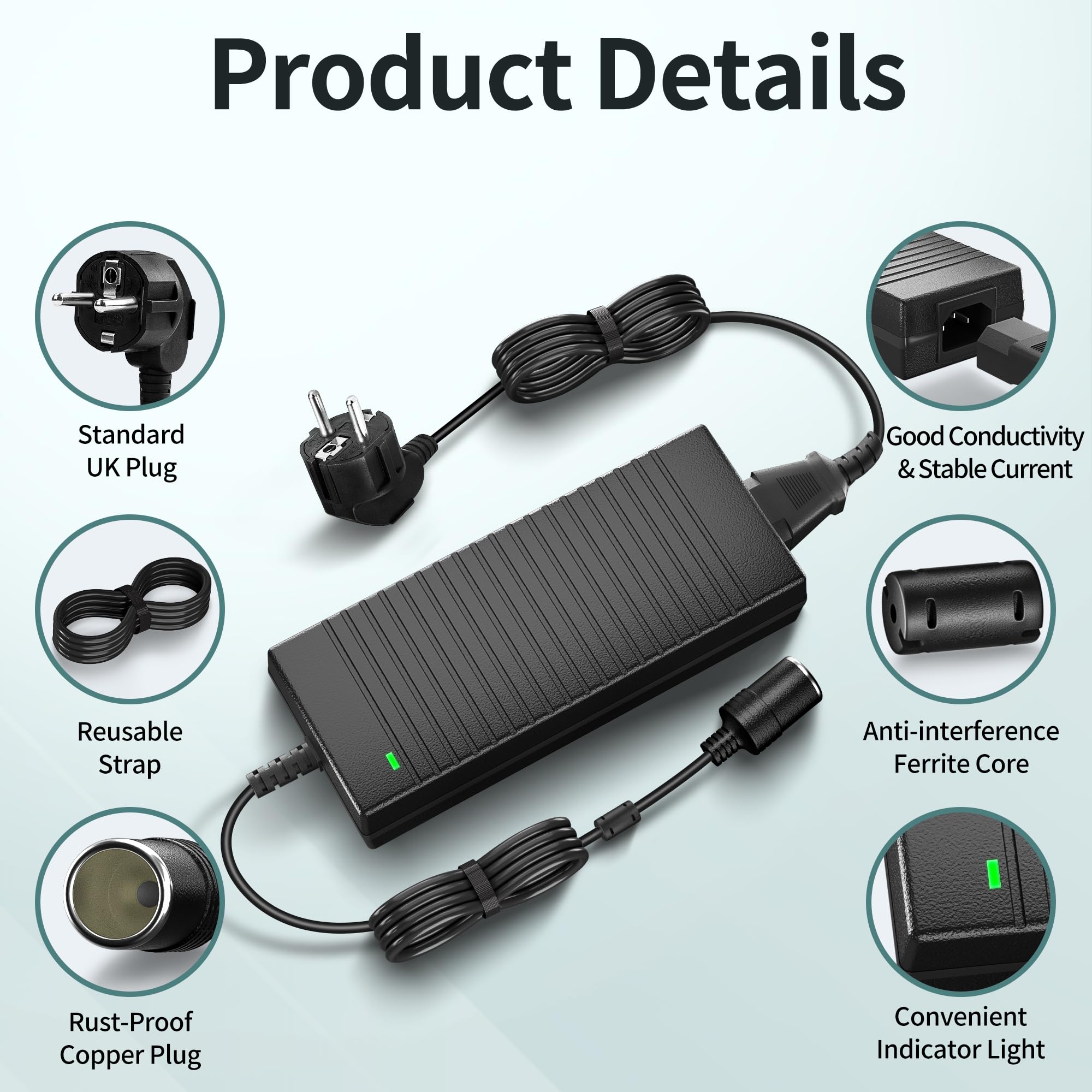 BGFOX 180W/15A KFZ Netzadapter, 2.65M Spannungswandler 230V auf 12V, 220V Wechselrichter Adapter mit Zigarettenanzünder-Buchse für Kühlbox, Autostaubsauger, Autokühlschrank, Kompressor, Reifenfüller