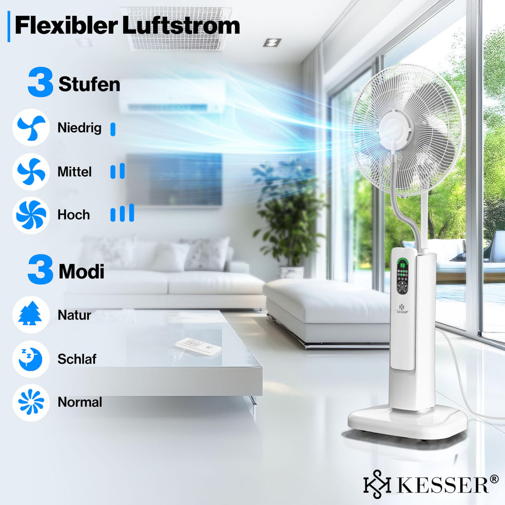 KESSER® Stand-Ventilator Frosty mit Wasser Ultraschall-Sprühnebel Wasserkühlung, inkl. Fernbedienung Timer-Funktion, Luftbefeuchter Leise, Nebelfunktion, Standventilator, Weiß