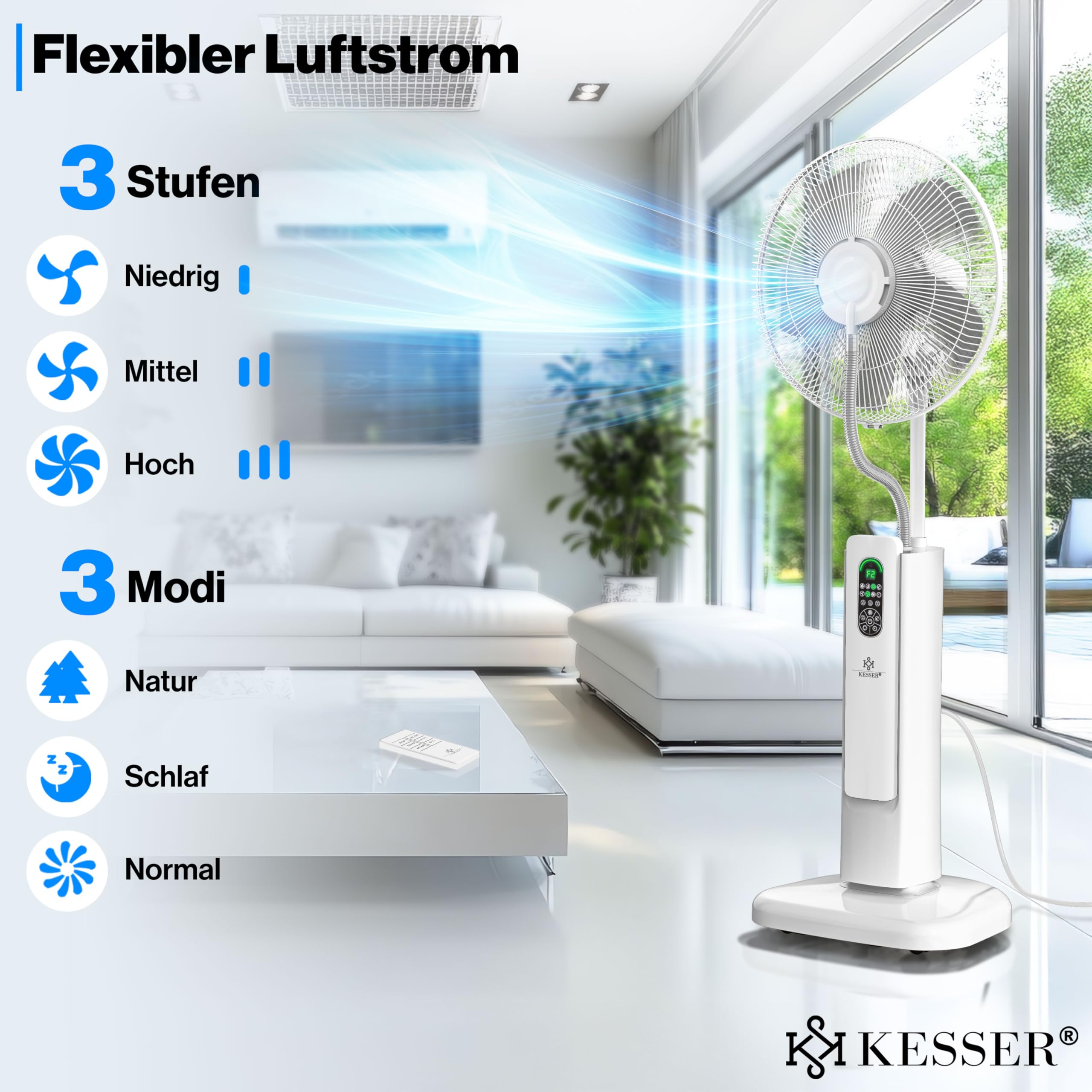 KESSER® Stand-Ventilator Frosty mit Wasser Ultraschall-Sprühnebel Wasserkühlung, inkl. Fernbedienung Timer-Funktion, Luftbefeuchter Leise, Nebelfunktion, Standventilator, Weiß