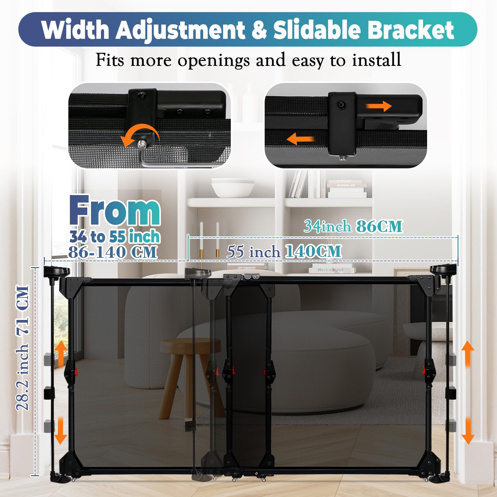 Ausziehbar Türschutzgitter,Babygitter,Treppenschutzgitter,Hundegitter,80-140cm Breit, 71cm Hoch, Wohnung Türgitter Öffnung in Zwei Richtungen