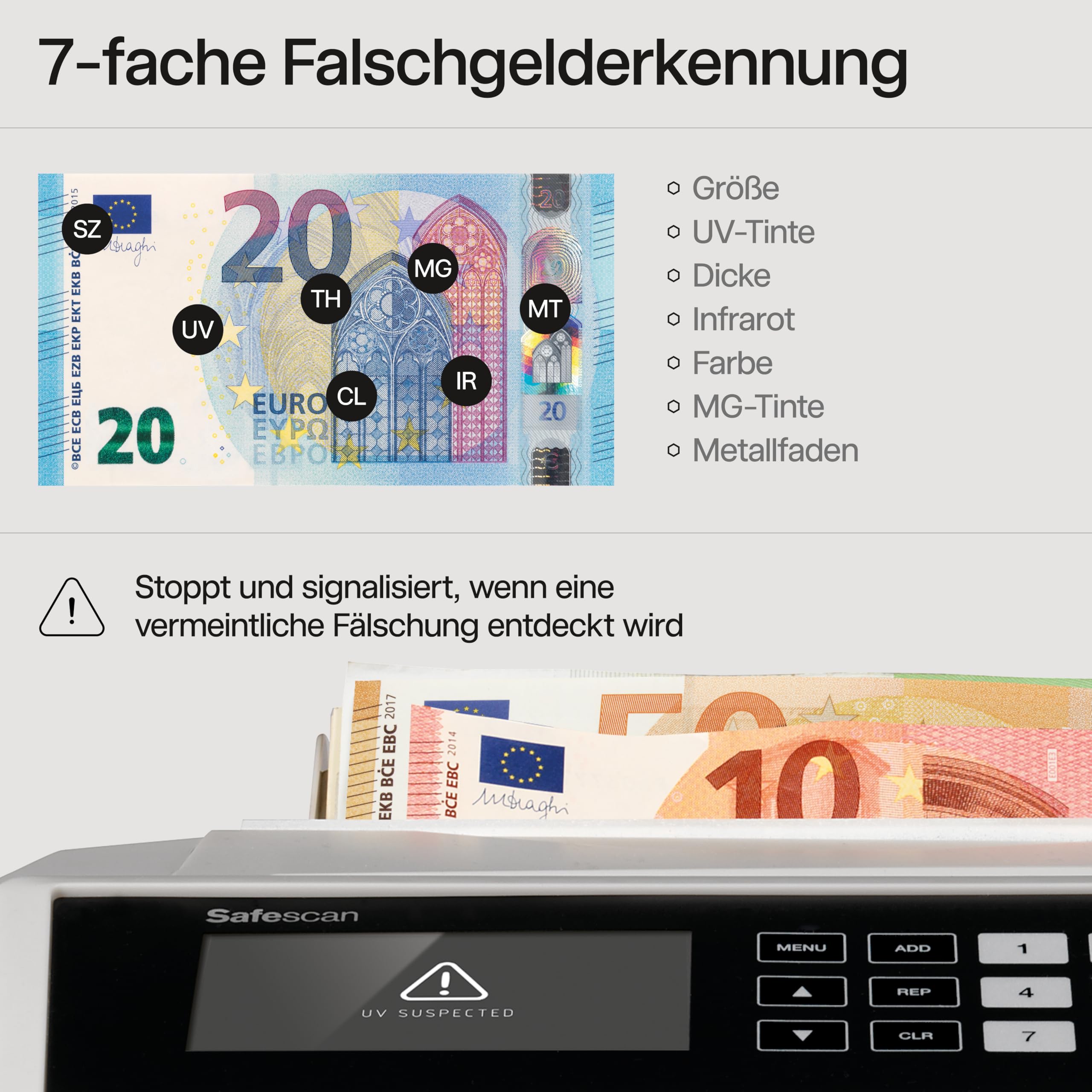 Safescan 2465-S Geldzählmaschine, Wertzählung für gemischte EUR-Banknoten - Banknotenzähler mit 7-facher Echtheitsprüfung - zählt sortierte Banknoten aller Währungen