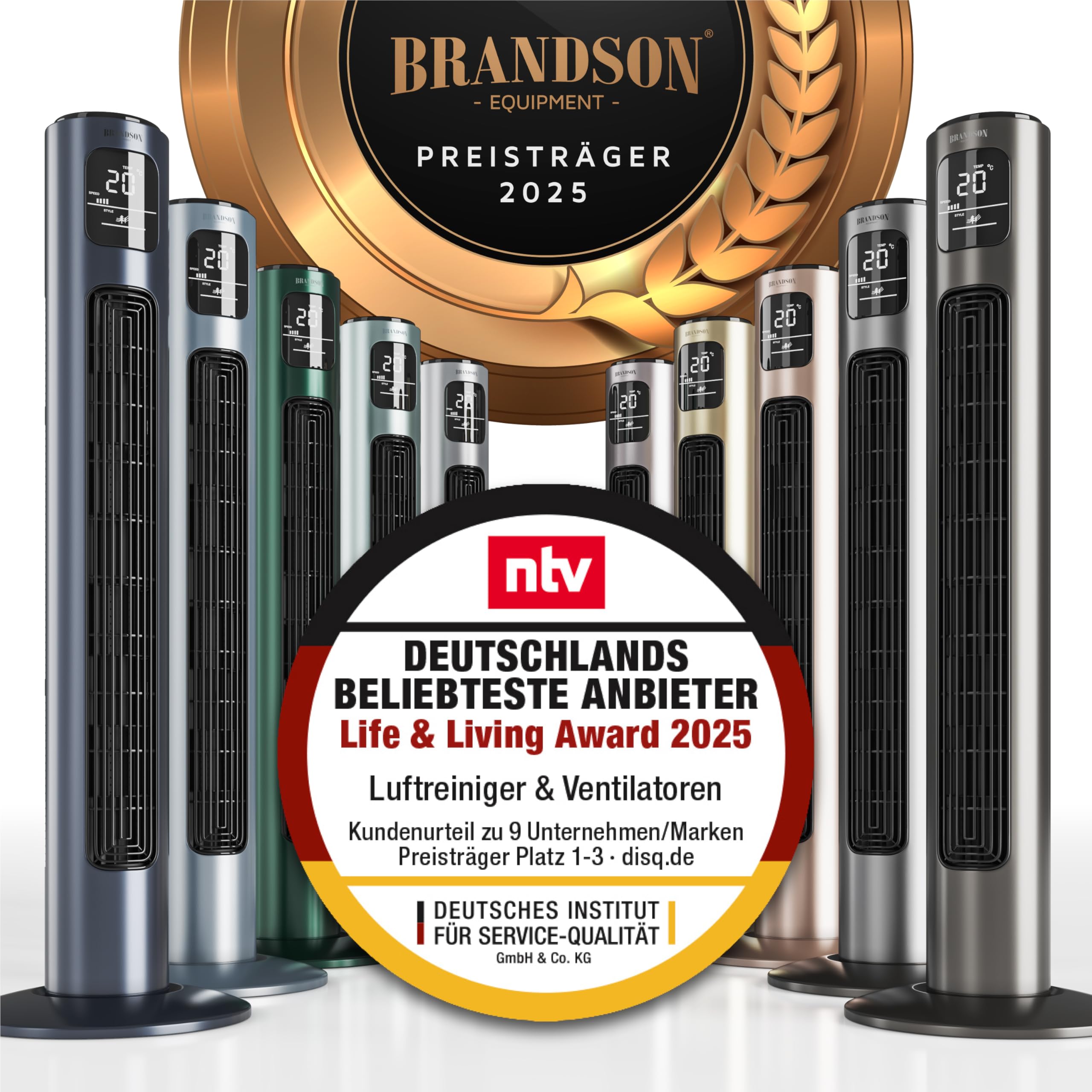Brandson - Turmventilator mit Fernbedienung - Preisträger 2025 - Oszilation 60° - Standventilator - mobiler Lüfter - Säulenventilator - 96 cm - Ventilator 3 Geschwindigkeiten - GS - pearl-rouge