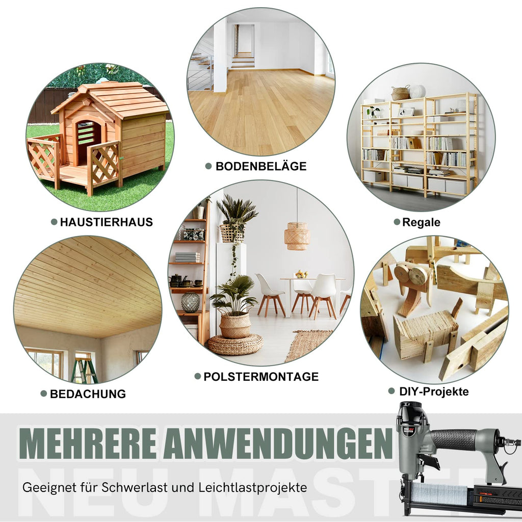 NEU MASTER Druckluftnagler, 2 in1 Drucklufttacker mit Transportkoffer inkl. 800 Nägel und 200 Klammern für Werkstatt und Haus