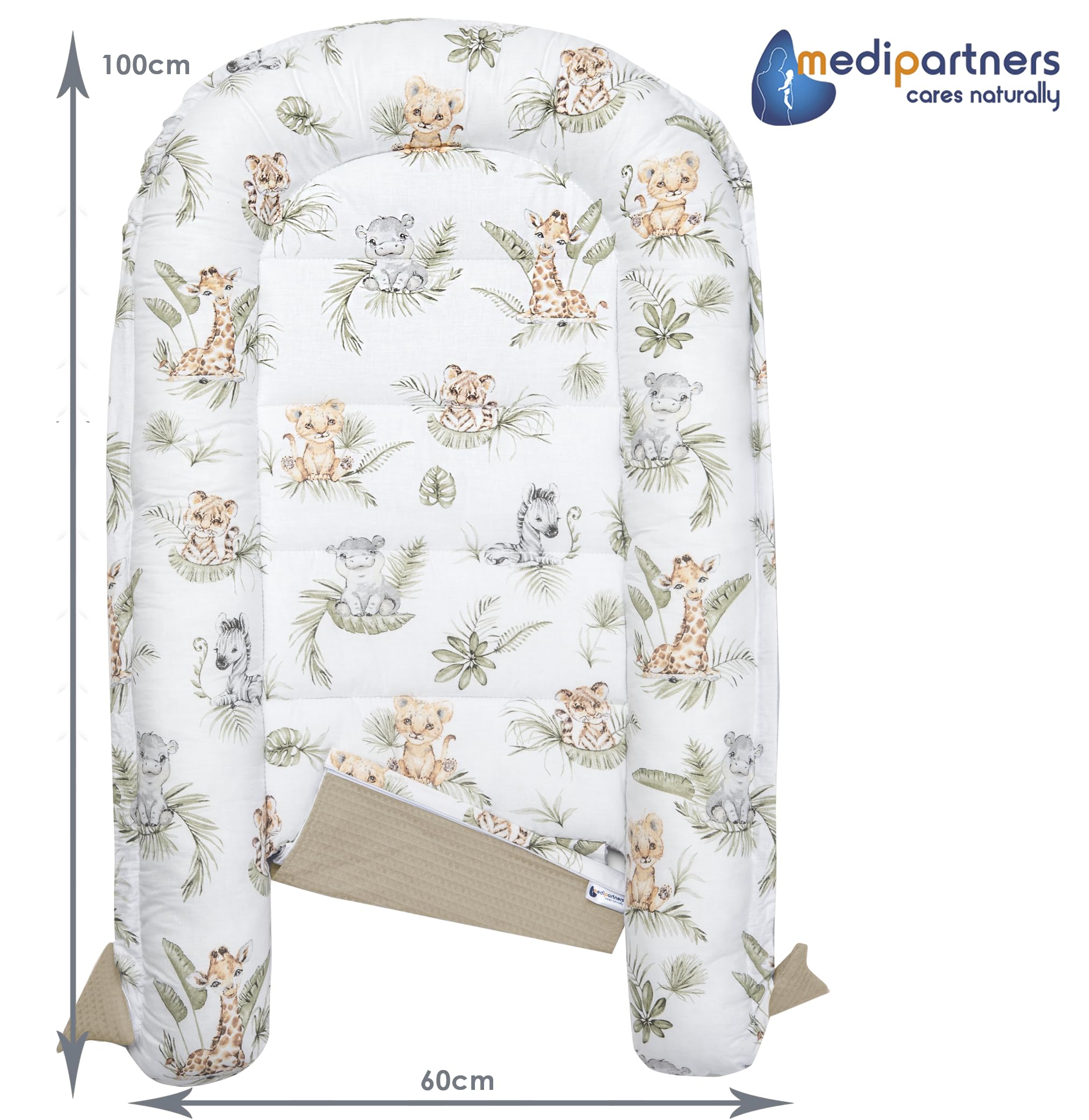 Medi Partners Babynest Nestchen für Neugeborene - 100x60x15 Babynestchen Baby zweiseitg Nest Bett 100% Baumwolle Waffel Kuschelnest tragbar (‎Safari mit beige Waffel)