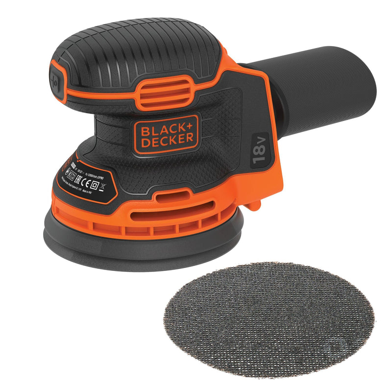 Black+Decker Akku-Exzenterschleifer / Schleifmaschine (18V, mit Staubfangbehälter, zum Schleifen/Polieren, ergonomische Multi-Positionsgriffflächen, Lieferung ohne Akku und Ladegerät), Schwarz, Orange