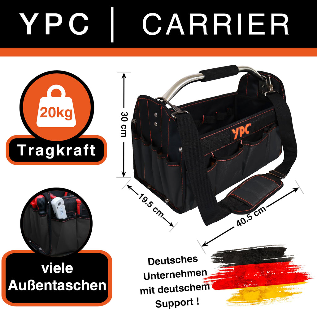 YPC Carrier Werkzeugkorb XL – Tragbare Werkzeugtasche mit stabilem Boden, Wasserfest, Reißfest, Faltbar, Schultergurt mit Polster & Metall-Handgriff, Schwarz, 40,5x30x19,5cm – 20 kg Tragkraft