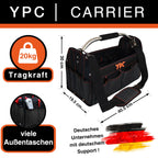 YPC Carrier Werkzeugkorb XL – Tragbare Werkzeugtasche mit stabilem Boden, Wasserfest, Reißfest, Faltbar, Schultergurt mit Polster & Metall-Handgriff, Schwarz, 40,5x30x19,5cm – 20 kg Tragkraft
