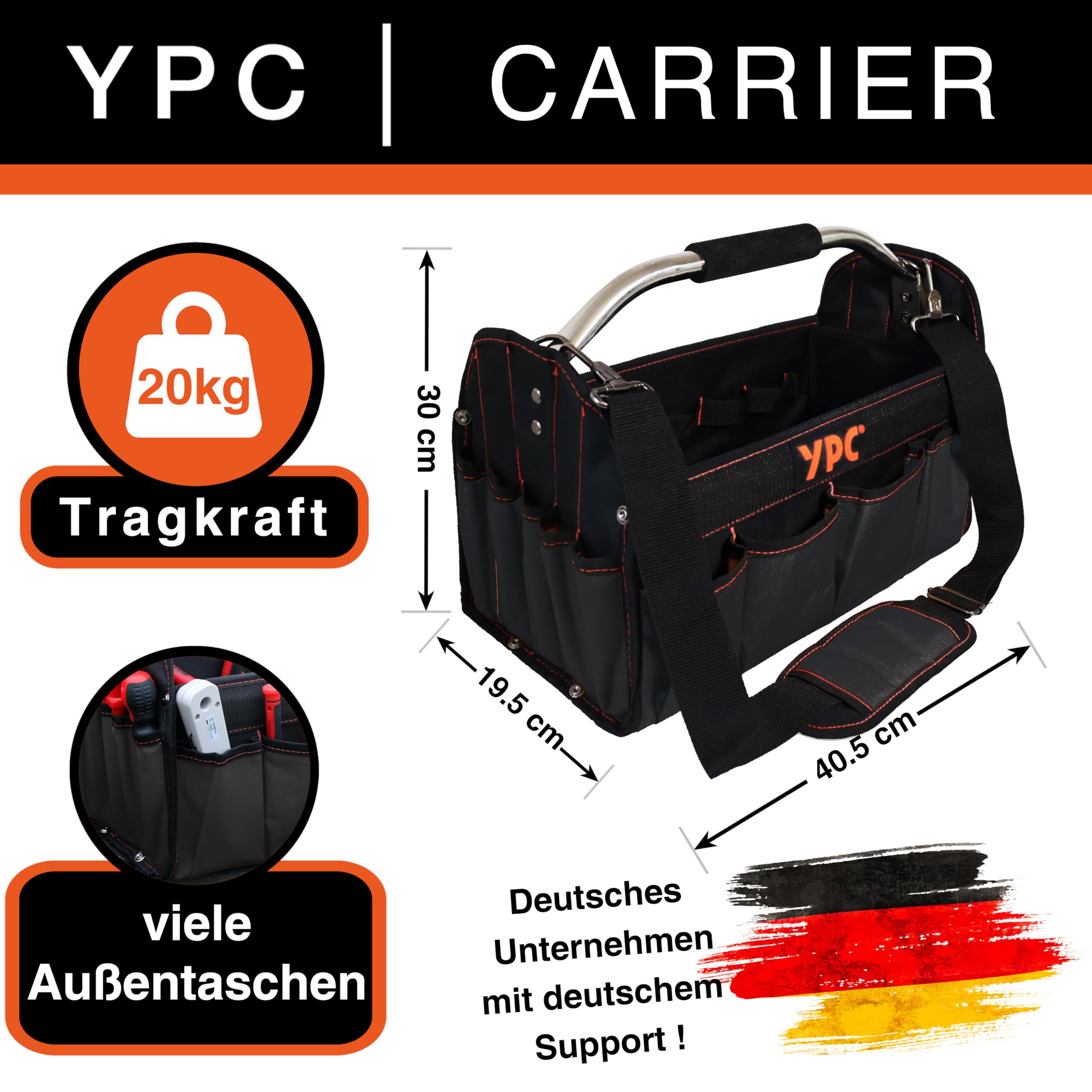 YPC Carrier Werkzeugkorb XL – Tragbare Werkzeugtasche mit stabilem Boden, Wasserfest, Reißfest, Faltbar, Schultergurt mit Polster & Metall-Handgriff, Schwarz, 40,5x30x19,5cm – 20 kg Tragkraft