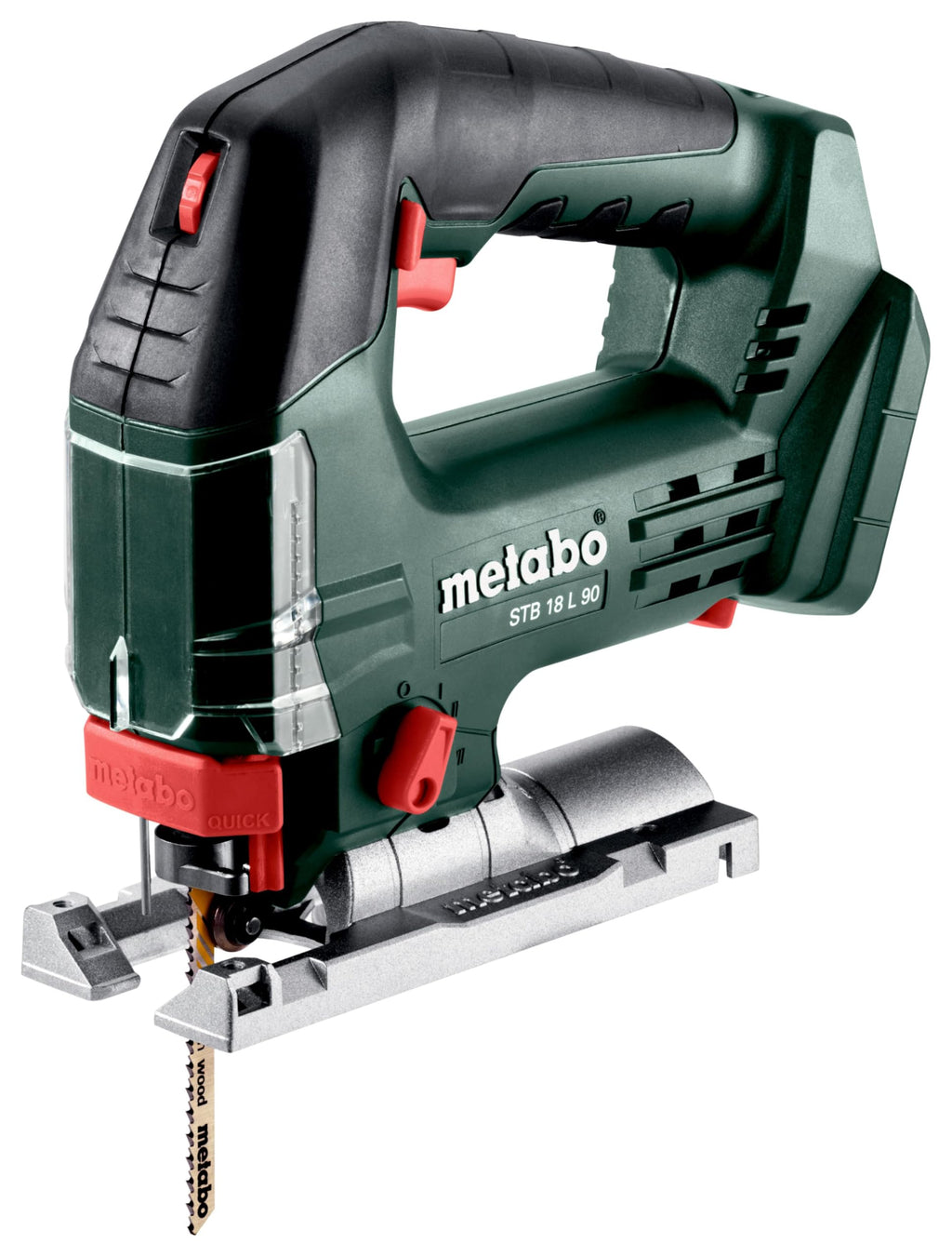 metabo Akku-Stichsäge STB 18 L 90-18 V, CAS, 90 mm Schnitttiefe, 4-fach Pendelhub - Werkzeugloser Sägeblattwechsel, Softgrip, Späneblasfunktion, LED-Licht, Absaugung, für Holz, Metall & Kunststoff