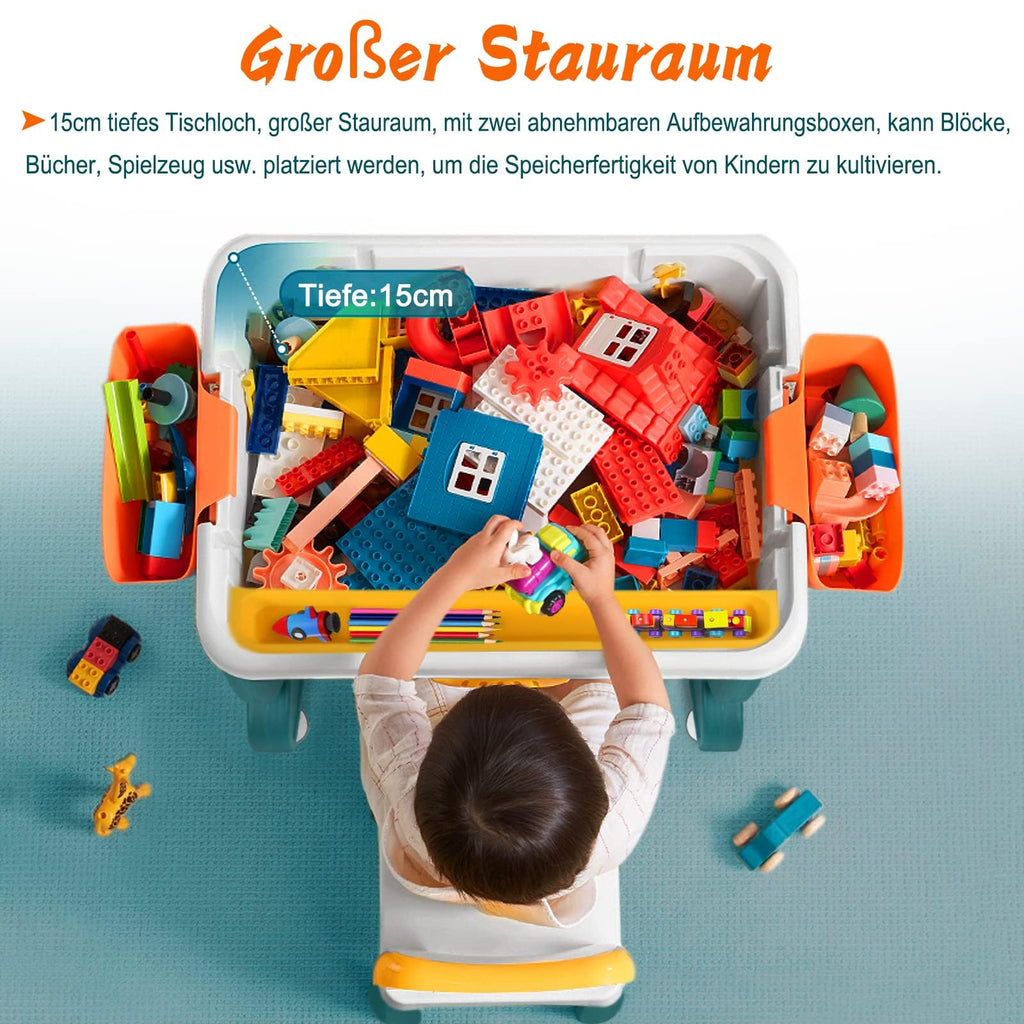LZQ 5-in-1 Kindertisch mit Stühle Set Kinder Tisch Stuhl Spieltisch mit Bausteine und 2 Stühle Doppelseitiger Tischplatte Multifunktionaler Aktivitätstisch mit Stauraum für Lernen Lernspiele