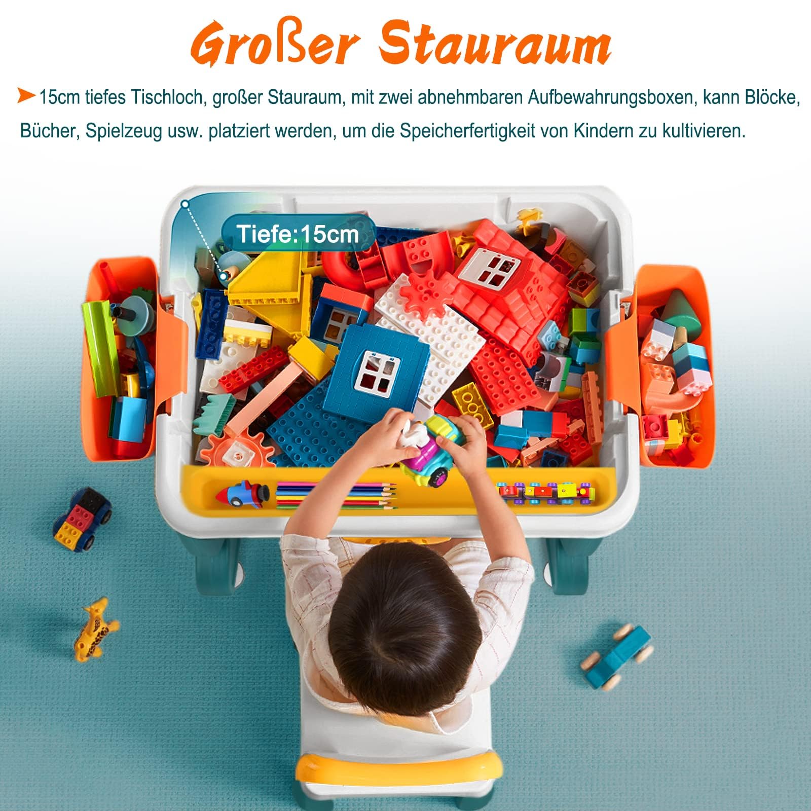 LZQ 5-in-1 Kindertisch mit Stühle Set Kinder Tisch Stuhl Spieltisch mit Bausteine und 2 Stühle Doppelseitiger Tischplatte Multifunktionaler Aktivitätstisch mit Stauraum für Lernen Lernspiele