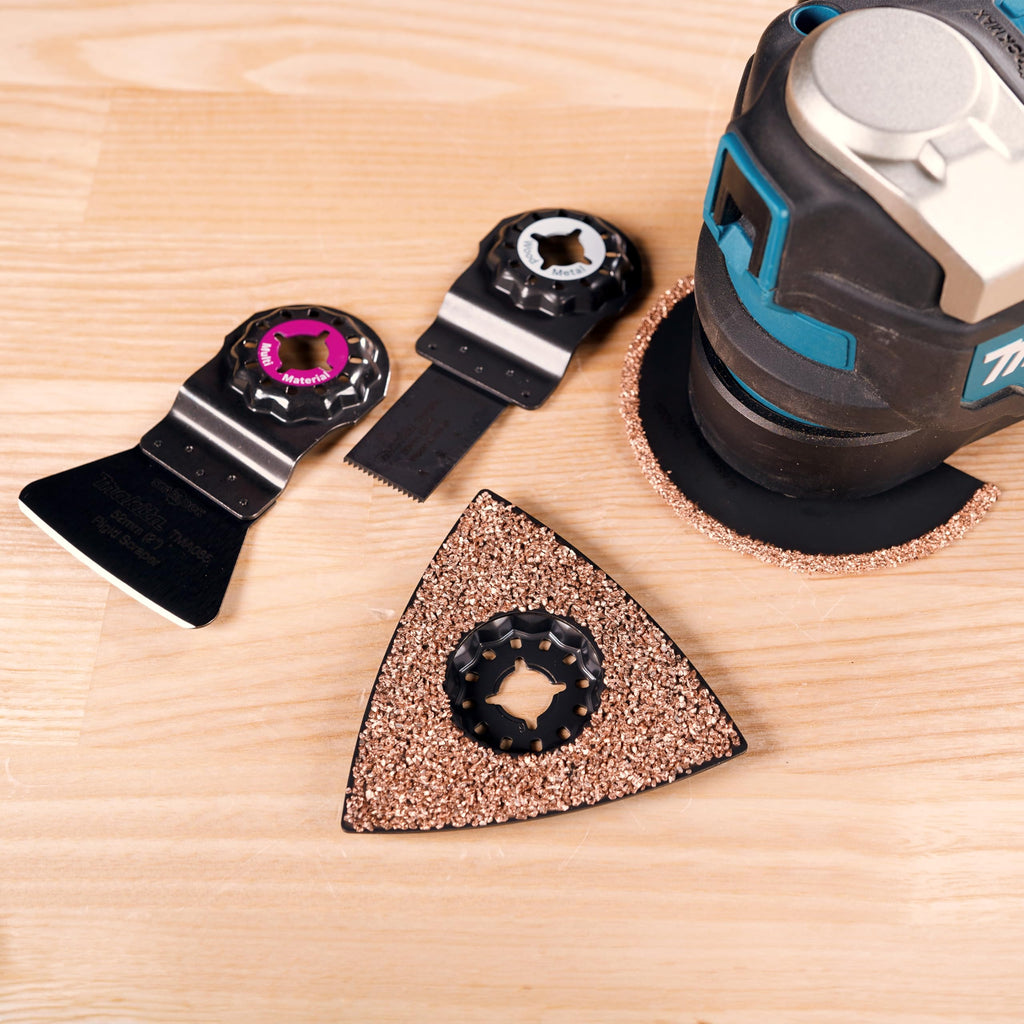 Makita B-67496 Starlock Fliesen-Set 4-tlg. für Mörtel, Porenbeton, Silikonfugen, Teppichreste, Alu, Gipskarton, Epoxid, Holz, Holz mit Nagelrückständen, TMA058, TMA065, TMA069, TMA073
