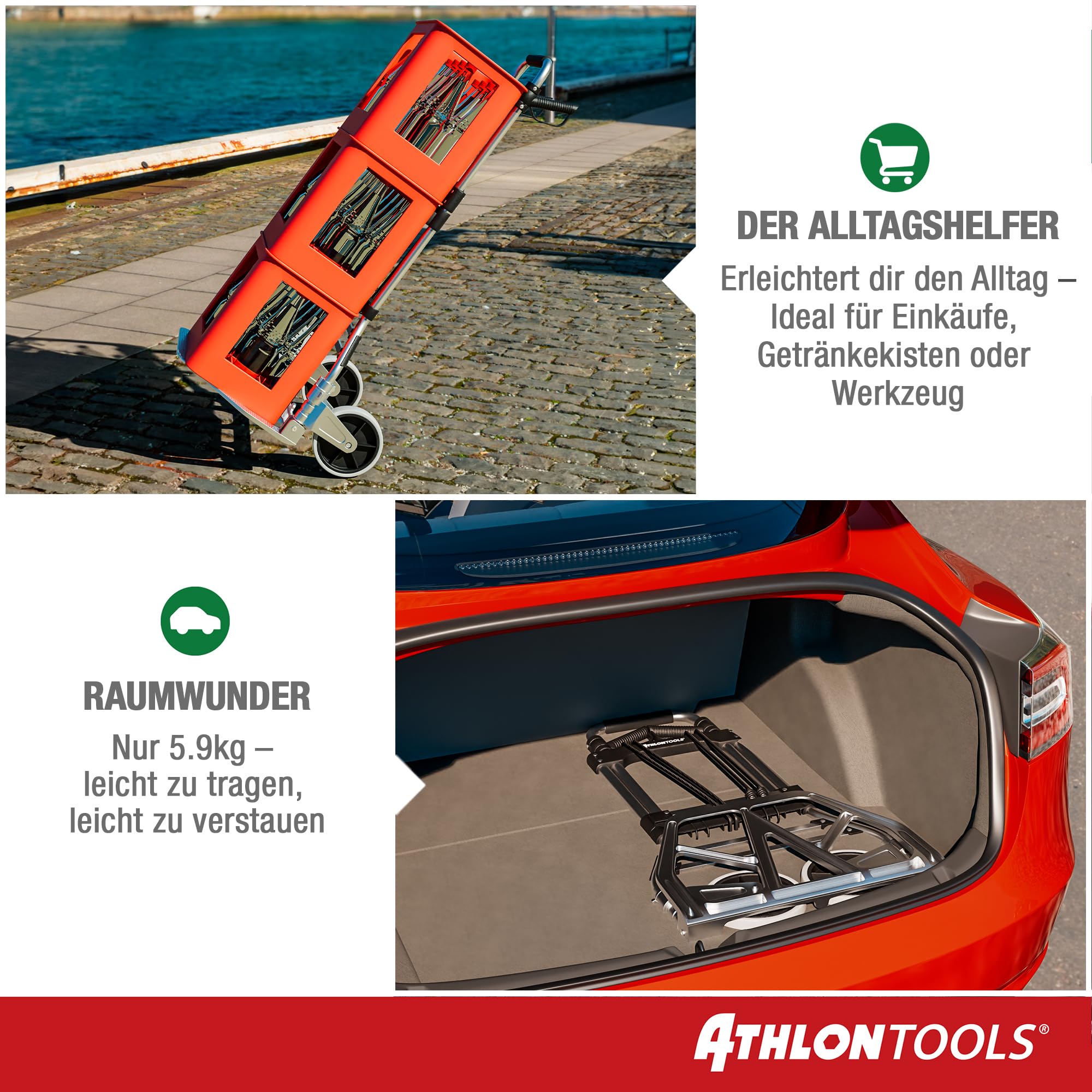 ATHLON TOOLS Schwerlast-Sackkarre klappbar 150 kg TÜV geprüft – Aluminium, große kugelgelagerte Räder mit Soft-Laufflächen, 2 Expanderseile