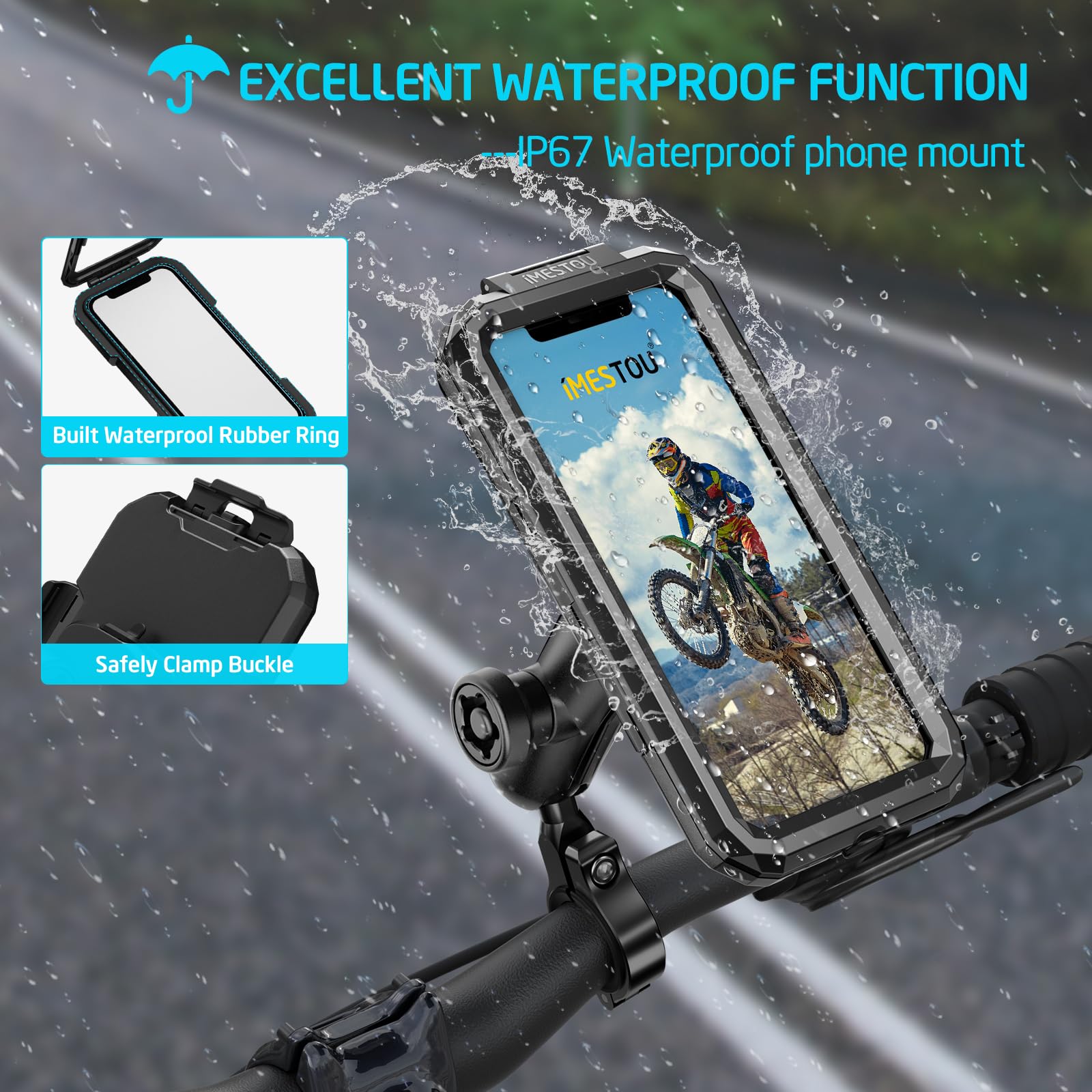 iMESTOU wasserdichte Motorrad Telefonhalterung IP66 mit 2,5 cm Kugelkopf 360° Drehbar Passend für RAM B Größe Zubehör, Geeignet für 5,5"-6,8" Smartphones mit max. Dicke 1,1 cm (Größe L)