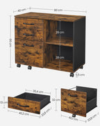 VASAGLE Rollcontainer, Aktenschrank, mit 3 Schubladen und Rollen, offene Fächer, für Dokumente in DIN A4-, Letter-Format, Druckerständer, Industrie-Design, vintagebraun-schwarz OFC041B01