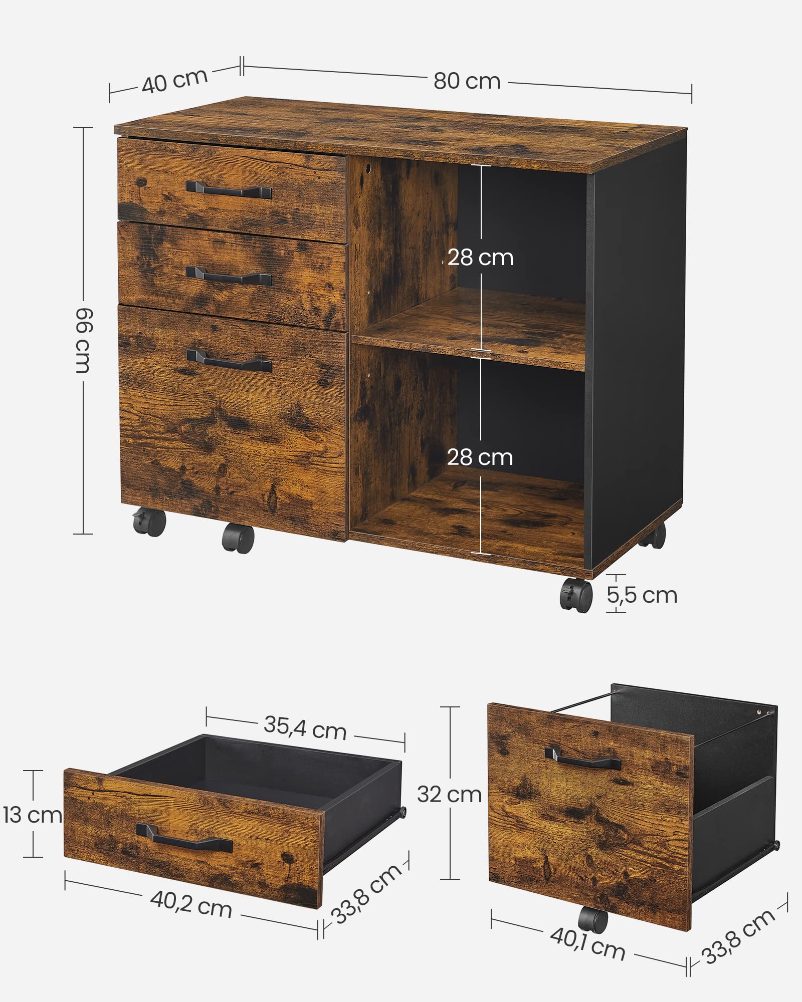 VASAGLE Rollcontainer, Aktenschrank, mit 3 Schubladen und Rollen, offene Fächer, für Dokumente in DIN A4-, Letter-Format, Druckerständer, Industrie-Design, vintagebraun-schwarz OFC041B01