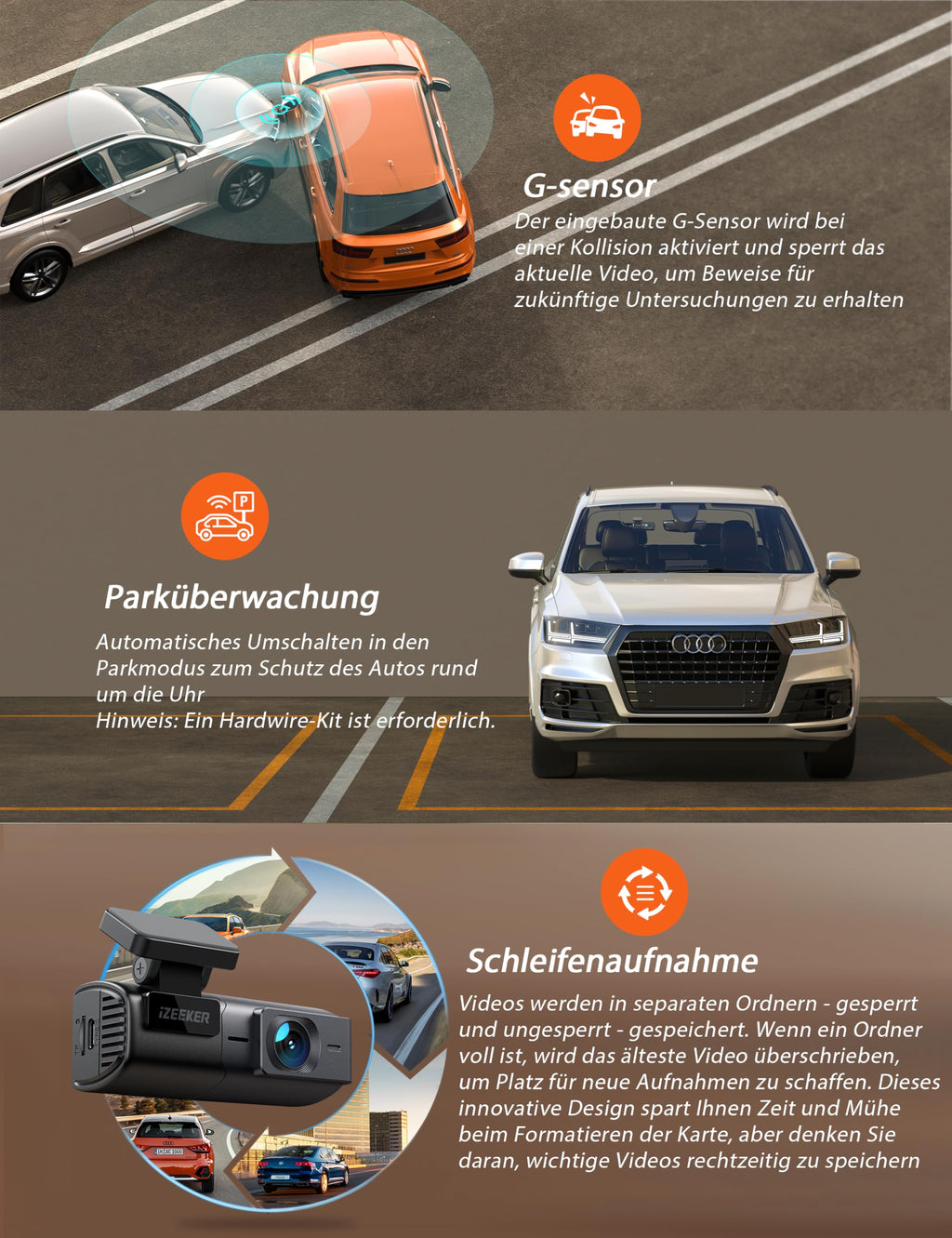 iZEEKER 2,5K Dashcam Auto, WiFi Dash Cam mit 32GB SD Karte, Mini Auto Kamera, 1440P Dash-Cam Auto mit APP Steuerung, 24/7 Parküberwachung, WDR Nachtsicht, 170° Weitwinkel, G-Sensor, Loop-Aufnahme
