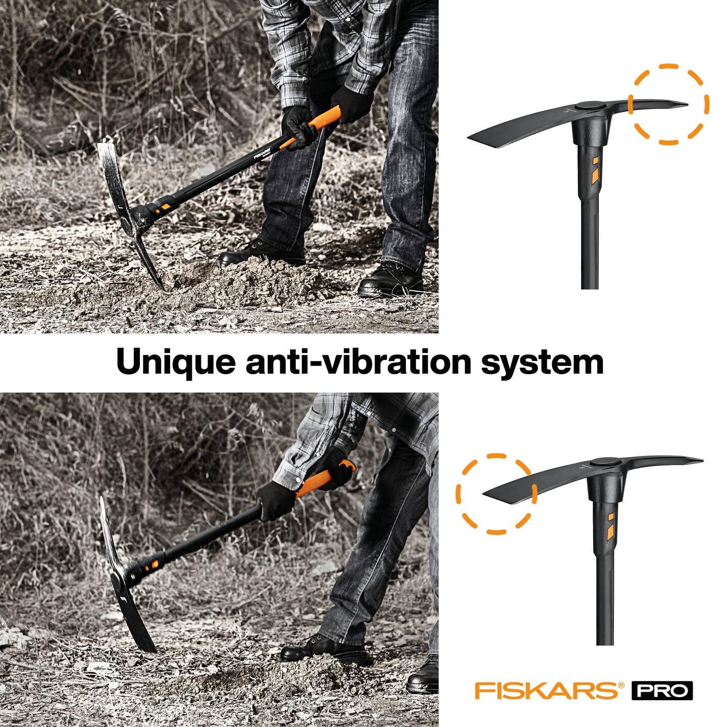 Fiskars Kreuzhacke IsoCore L für grobe Arbeiten auf harten, steinigen Böden, Länge: 91 cm, Gewicht: 3,4 kg, Schwarz/Orange, 1020166
