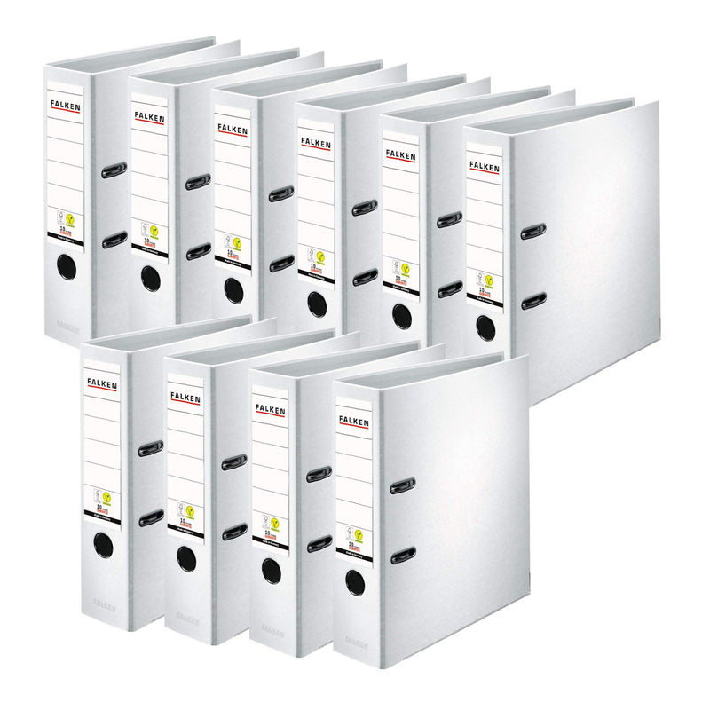 Original Falken 10er Pack PP-Color Kunststoff-Ordner. Made in Germany. 8 cm breit DIN A4 weiß Vegan Ringordner Aktenordner Briefordner Büroordner Plastikordner Schlitzordner