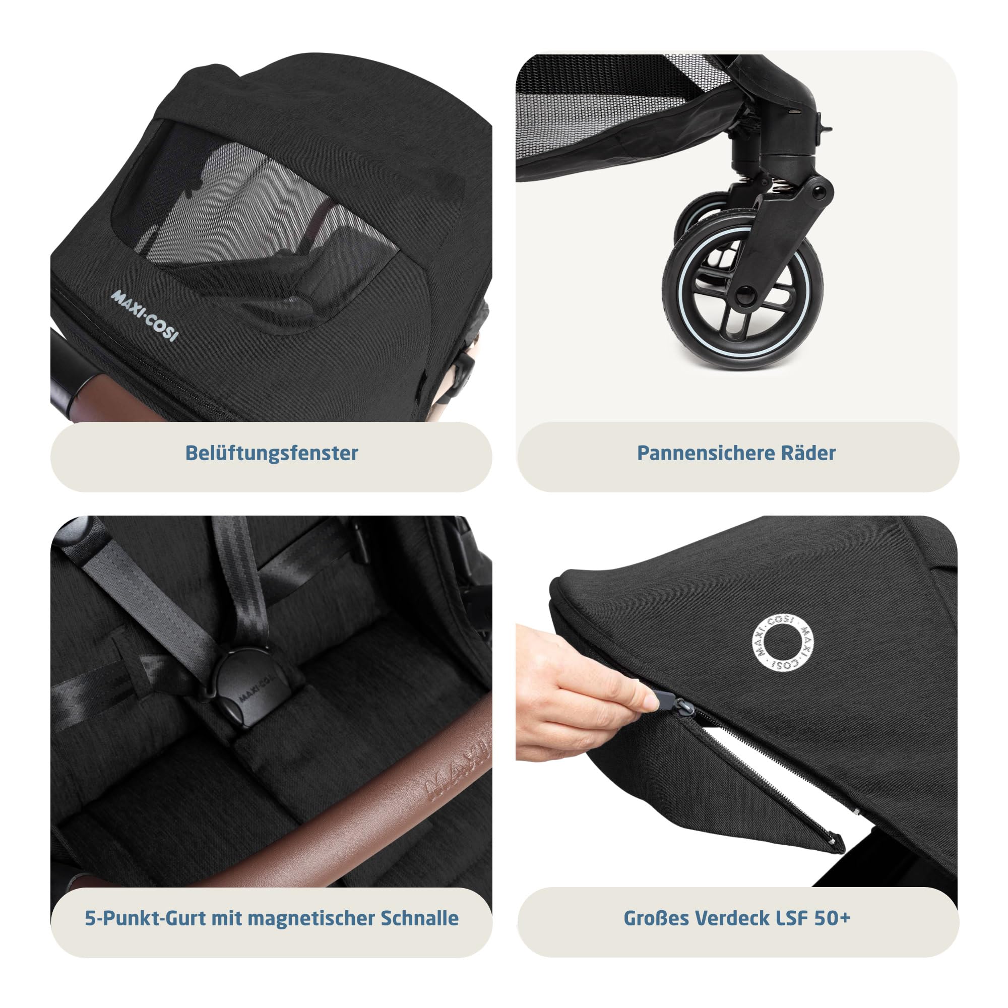 Maxi-Cosi Eva3 Kinderwagen, 0–4 Jahre, 0–22 kg, Baby Kinderwagen, Leicht und kompakt, Flache Liegeposition, 3 Liegepositionen, Automatisch mit 1 Hand klappbar, Tragegurt, Essential Black Champagne