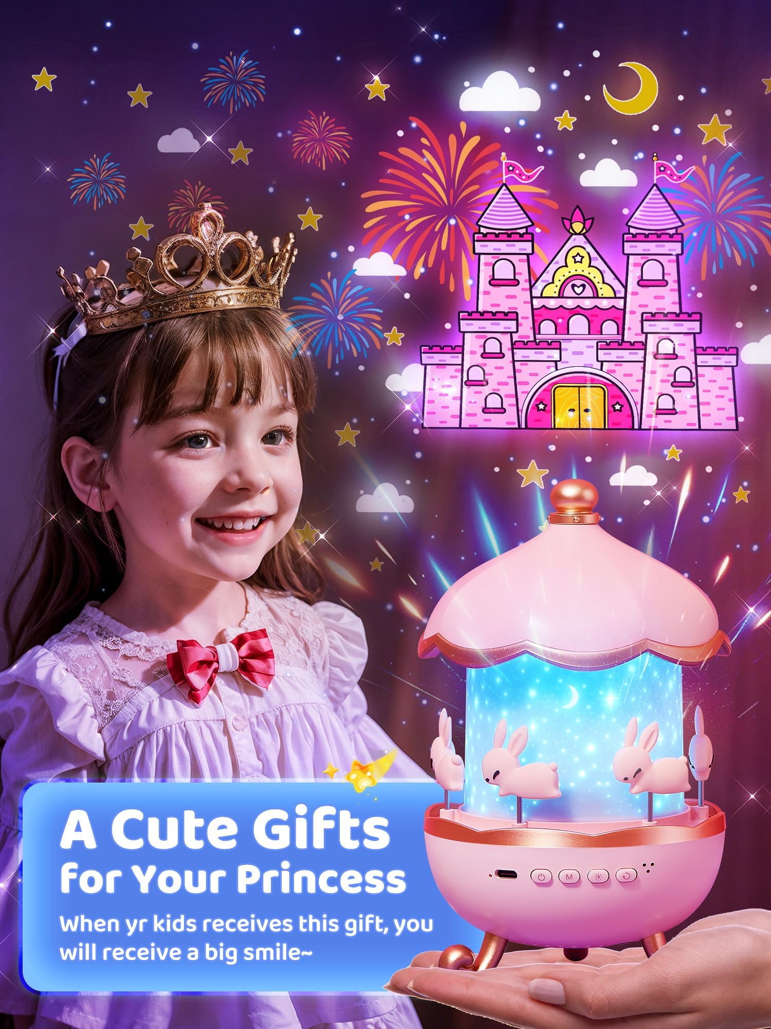 One Fire 【Geschenkbox】 Sternenhimmel Projektor Kinder mit 15 Filmen & 15 Musik – 360° Drehbare, Fernbedienung Timer, Einhorn Spielzeug für Mädchen 3-9 Jahre, Kinderzimmer Deko Geschenk