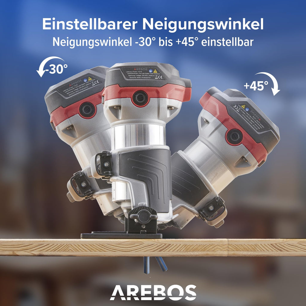 Arebos Oberfräse | Holz Fräse Fräsmaschine mit 6 Geschwindigkeitsstufen | 710W Spindelarretierung | Tauchbasis & Trimmer | Spannzange Ø 6 und 8 mm | mit Werkzeugtasche