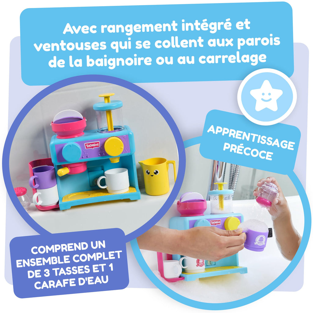Tomy Toomies Bade-Barista – Wandmontiertes Baby-Badespielzeug als Café & Schaumbad-Spielküche für Kleinkinder – Küchen-Set: 3 Tassen, 1 Krug, 1 Shaker – ab 18 Monaten für Mädchen & Jungen