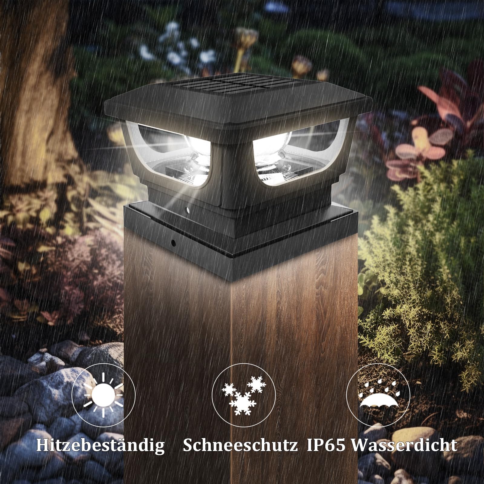 GEYUEYA Home 2pcs Solar Pfostenkappe 7x7 8x8 9x9 10x10, Pfostenleuchte Zaunpfosten Beleuchtung Pfostenlampen Außen Post Cap Light, IP65 für Pfosten, Zaun (Größe: 7.6 bis 10.1cm), Schwarz