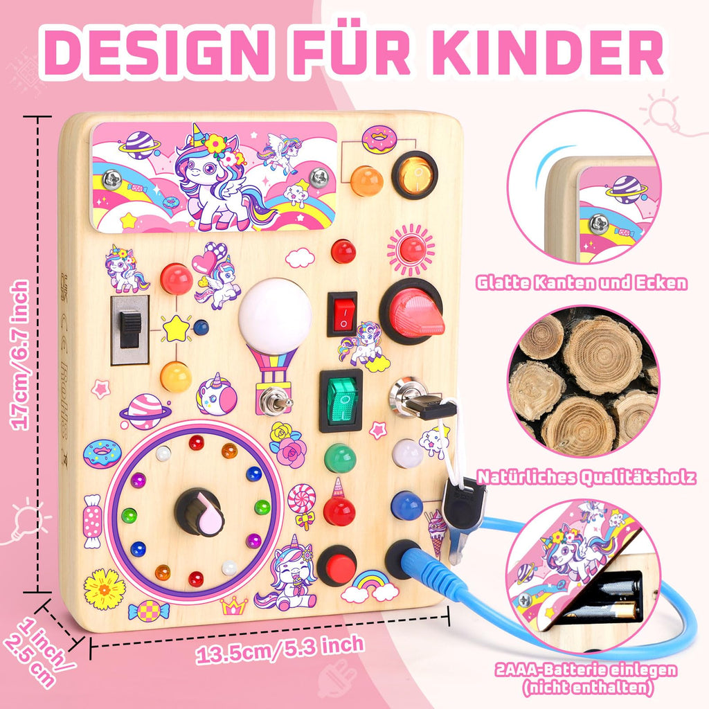 Unicorn Busy Board Montessori Spielzeug ab 1 jahr Activity Board Holzspielzeug Mit 10 Schaltern und 23 LED Lichtern Sensorik Spielzeug Motorikspielzeug für Babys und Kinder ab 1 2 3 4 Jahre Mädchen
