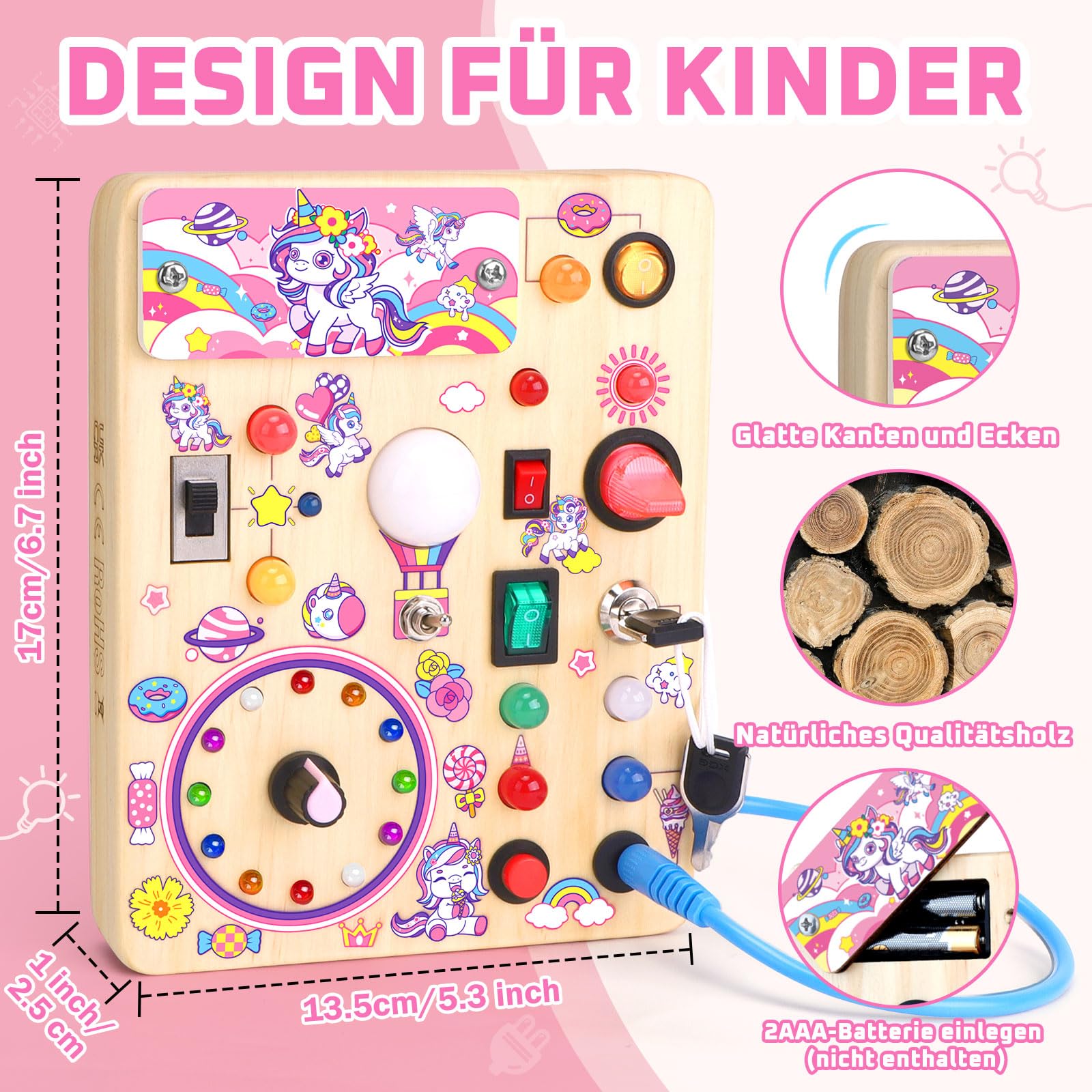Unicorn Busy Board Montessori Spielzeug ab 1 jahr Activity Board Holzspielzeug Mit 10 Schaltern und 23 LED Lichtern Sensorik Spielzeug Motorikspielzeug für Babys und Kinder ab 1 2 3 4 Jahre Mädchen