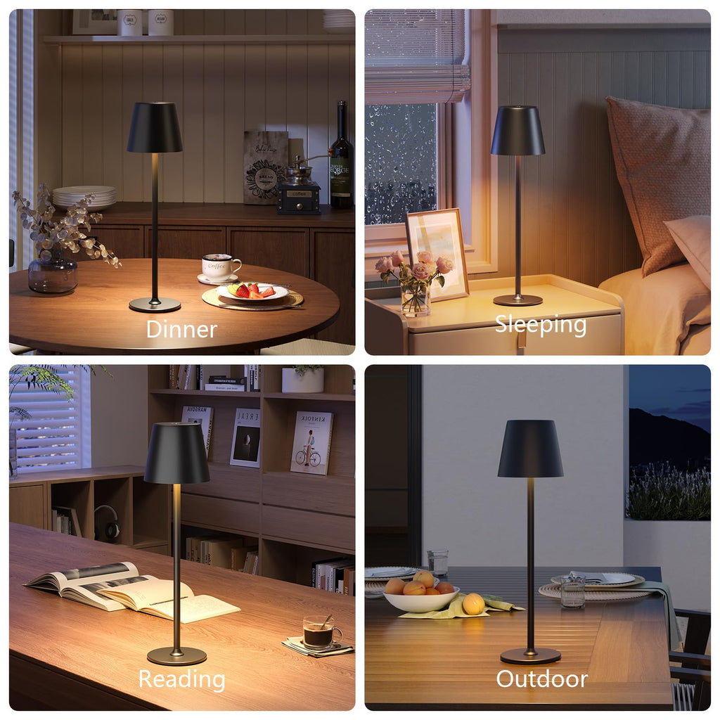 UPXNBOR LED Tischlampe Kabellos 2 Stück, Dimmbare Nachttischlampe Touch, Akku Tischleuchte Kabellos, Indoor Outdoor Tischlampe Akku, 3-stufig Warmlicht, IP54 Wasserdicht, Vollmetallgehäuse, Schwarz