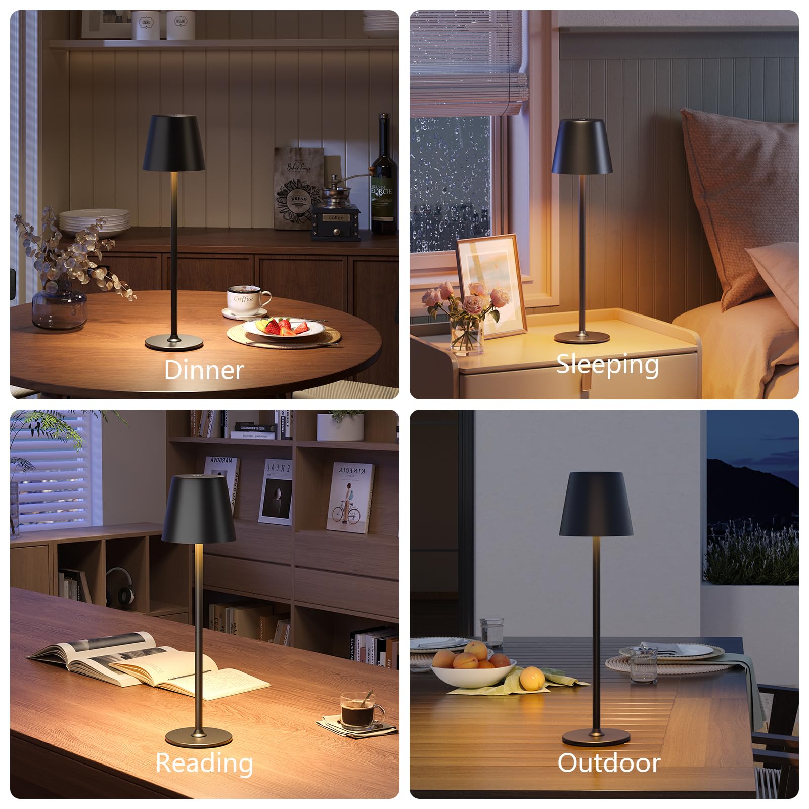 UPXNBOR LED Tischlampe Kabellos 2 Stück, Dimmbare Nachttischlampe Touch, Akku Tischleuchte Kabellos, Indoor Outdoor Tischlampe Akku, 3-stufig Warmlicht, IP54 Wasserdicht, Vollmetallgehäuse, Schwarz