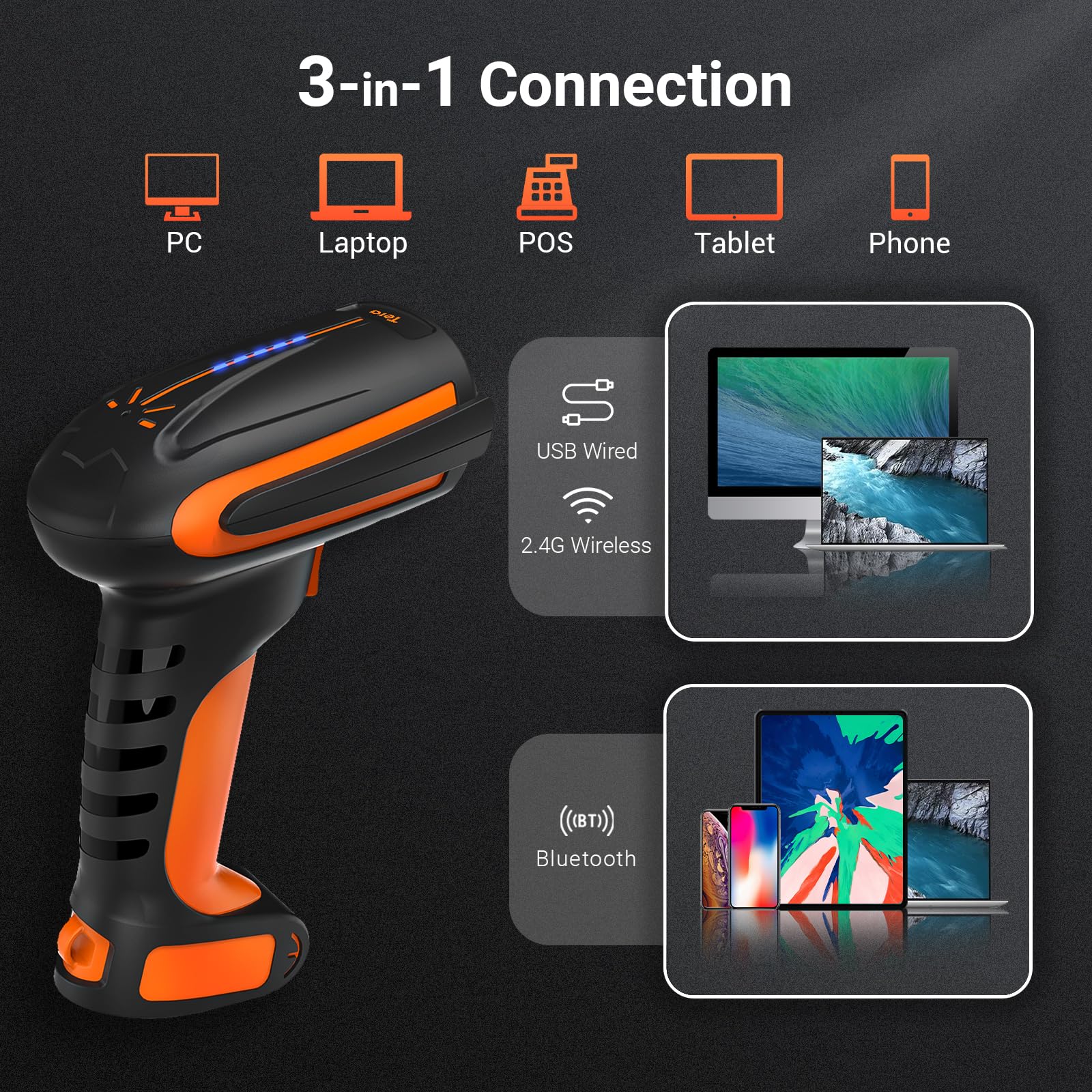 Tera Pro 3 in 1 Extreme Leistung Barcodescanner Kabellos 1D 2D QR Bluetooth Kabellos 2,4G & Kabelgebunden USB-C Industriell 1D Barcode Scanner 2500mAh Exzellente Fallfestigkeit mit Ständer 8100 Orange