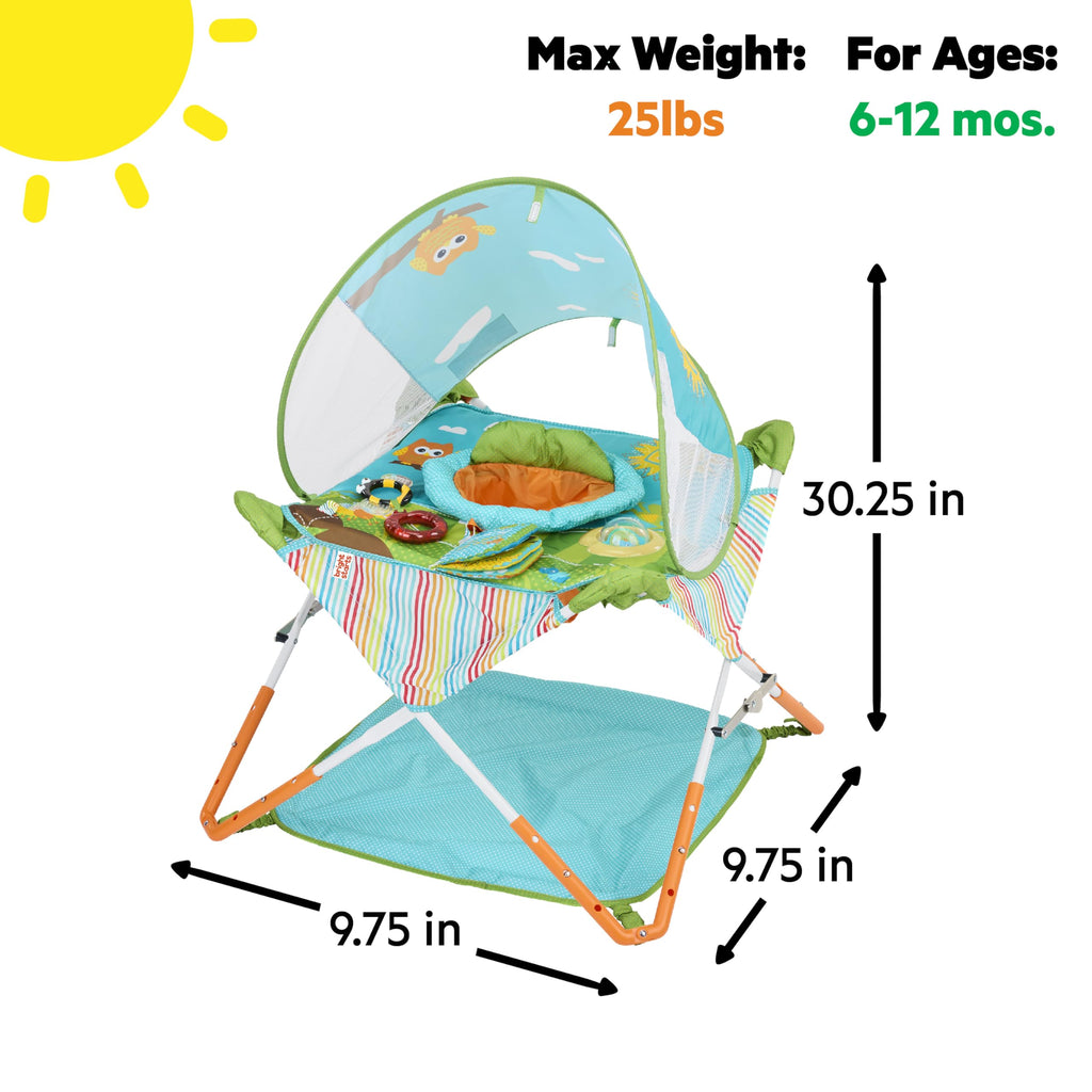 Bright Starts Pop 'N Jump Faltbarer Aktivitäts-Jumperoo, Tragbares Aktivitätscenter für Babys, UPF 50+ Sonnendach, 4 Sensorische Spielzeuge, Reisetasche, 6-12 Monate