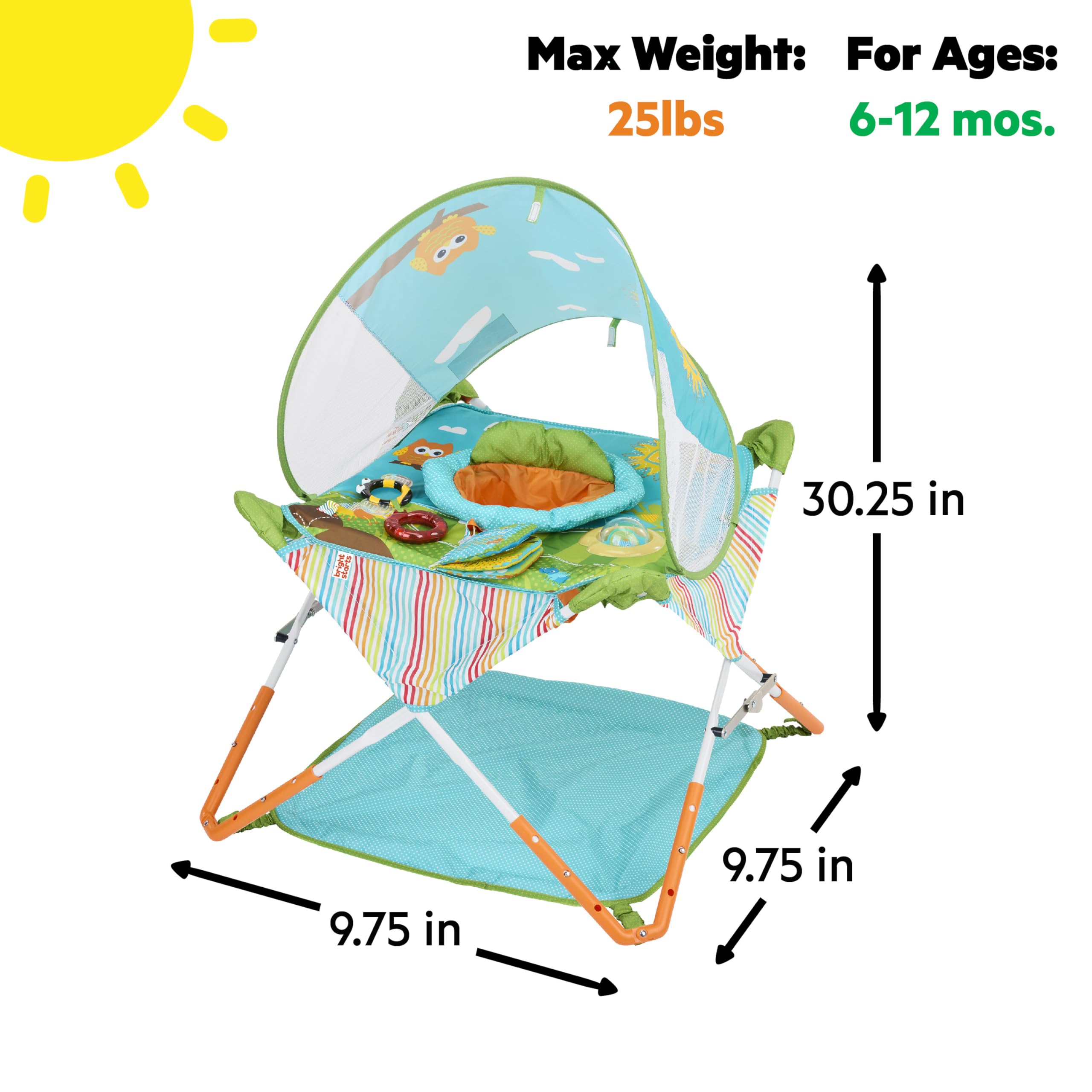 Bright Starts Pop 'N Jump Faltbarer Aktivitäts-Jumperoo, Tragbares Aktivitätscenter für Babys, UPF 50+ Sonnendach, 4 Sensorische Spielzeuge, Reisetasche, 6-12 Monate