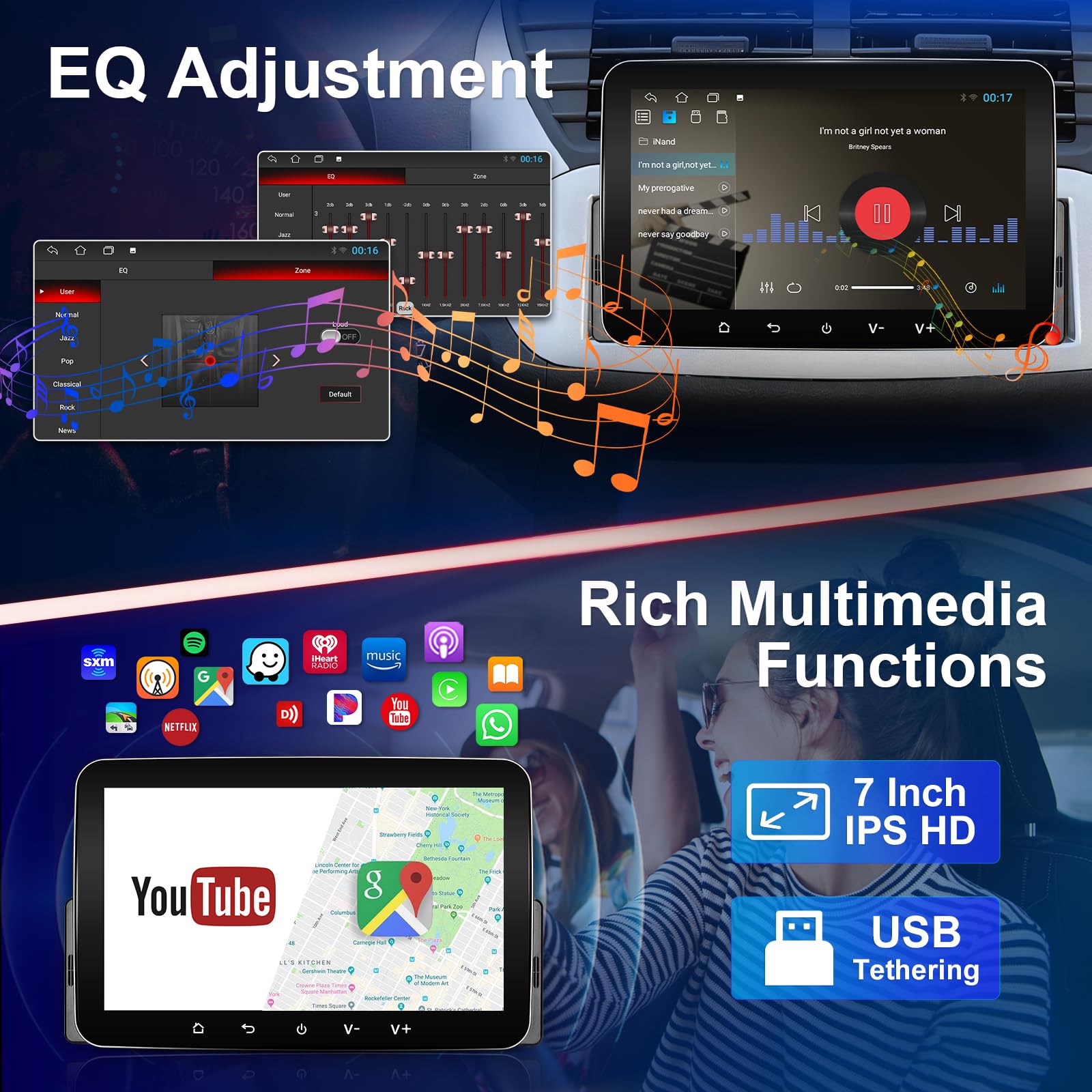Android Autoradio 1din mit Navi 7 Zoll Bildschirm Android Auto & Wireless CarPlay Auto Radio Touch Display mit Bluetooth FM WiFi GPS SWC USB 2G+32G