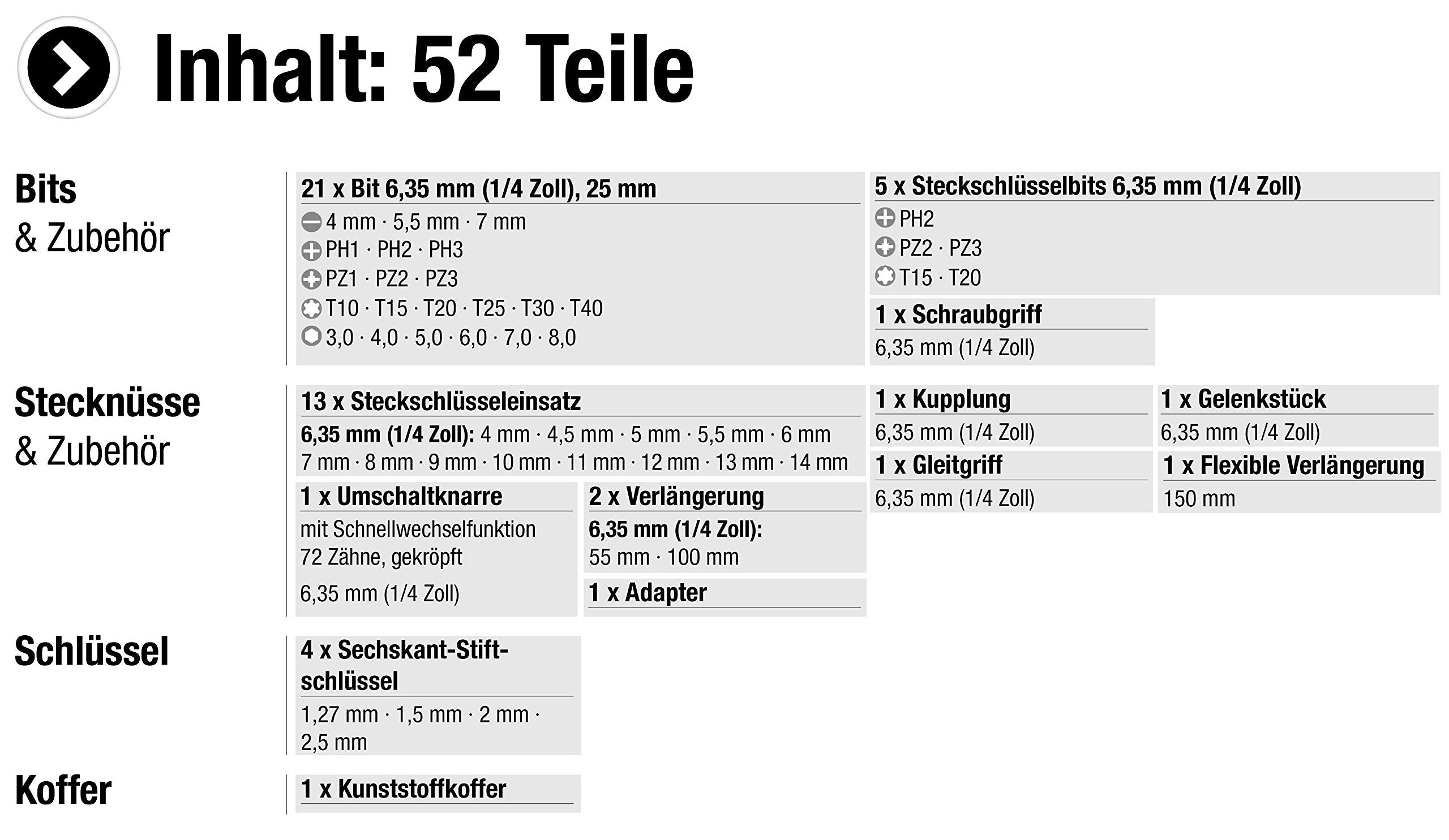 Connex Bit- und Steckschlüssel-Satz 52-teilig - Stabiler Kunststoffkoffer - 1/4 Zoll - Umschaltknarre mit Schnelllösefunktion - Für Montage- & Schraubarbeiten / Stecknuss-Set / Bit-Set / COXB365010