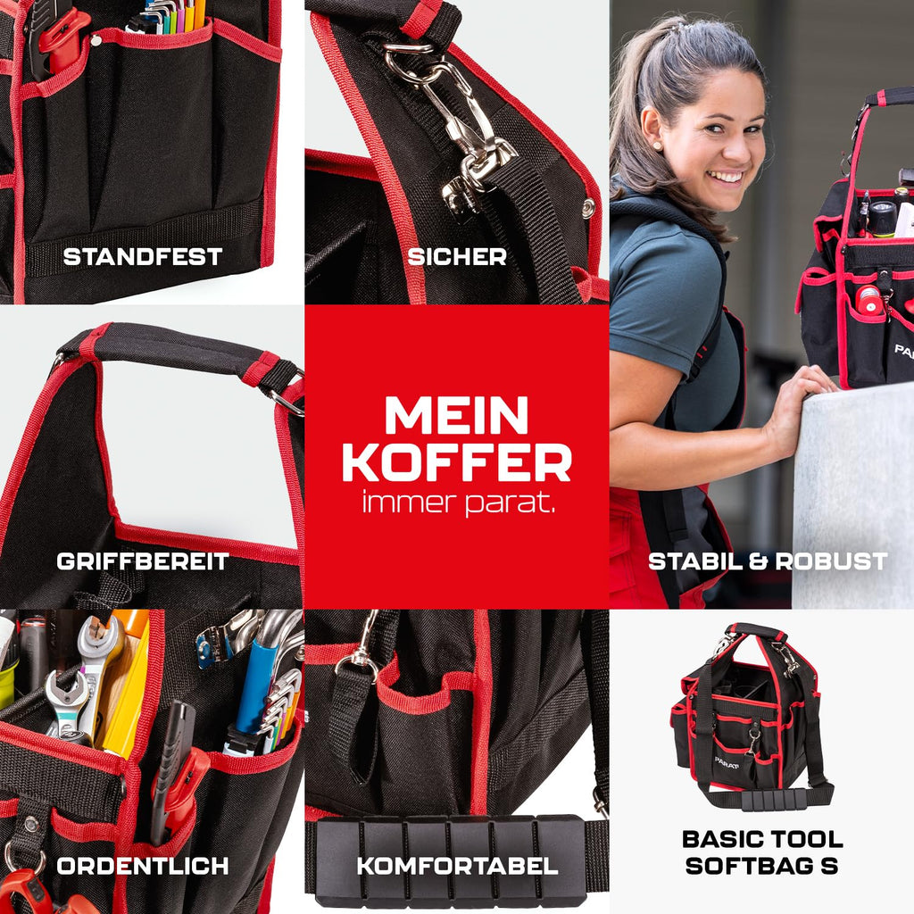 PARAT BASIC Tool Softbag S | Robuste Werkzeugtasche für Elektriker & Handwerker | Kompakte Tool Bag mit Schultergurt & Tragegriff | Kompakte Werkzeugtasche mit 21 Fächern & Reißverschlusstasche
