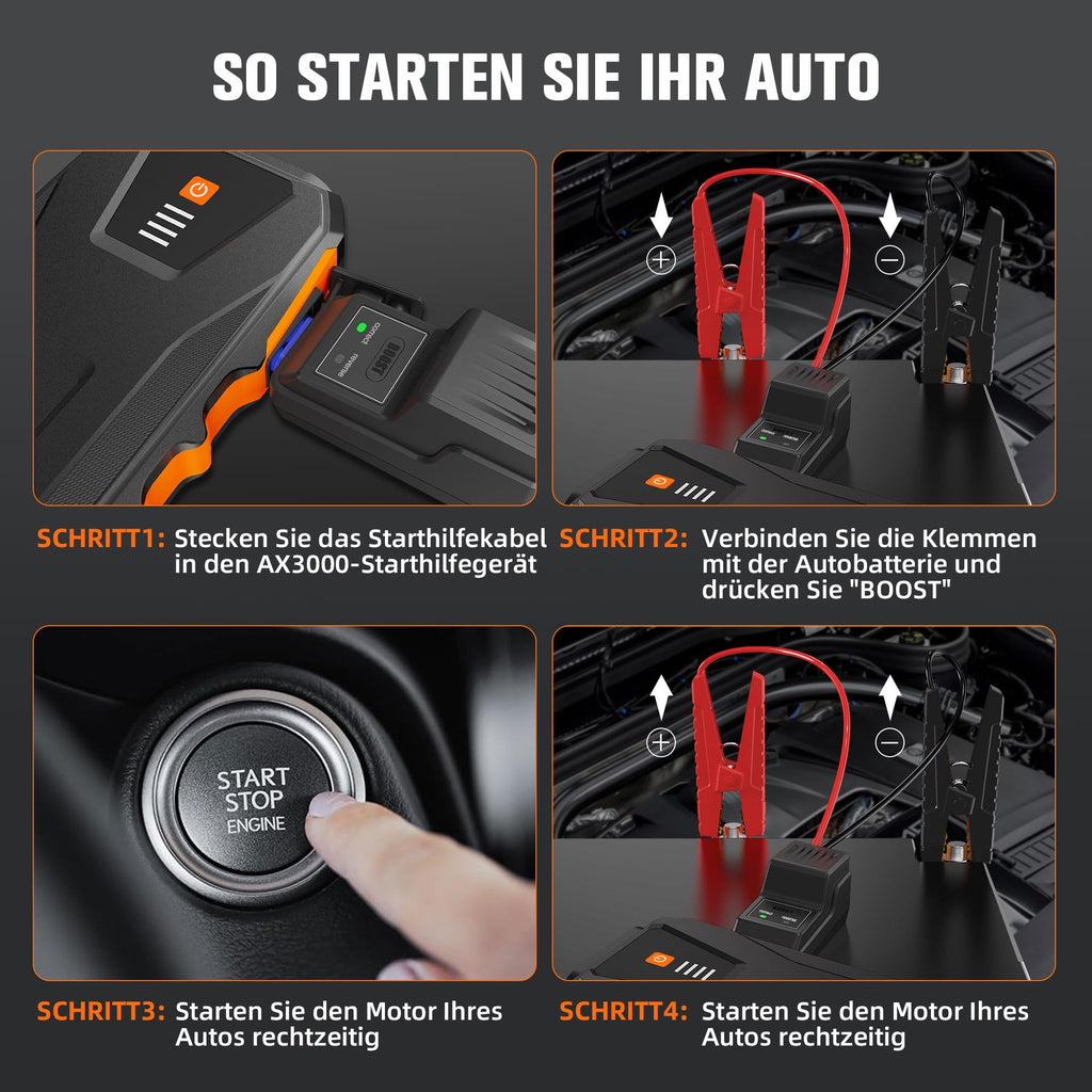 AsperX Starthilfe Powerbank 3000A 12V(Bis Zu 10,0L Benzin oder 8,0L Diesel) Auto Starthilfe mit Starthilfekabel,LED Taschenlampe,IP64 Wasserdicht,Jump Starter für PKW LKW UTV Van Motorrad